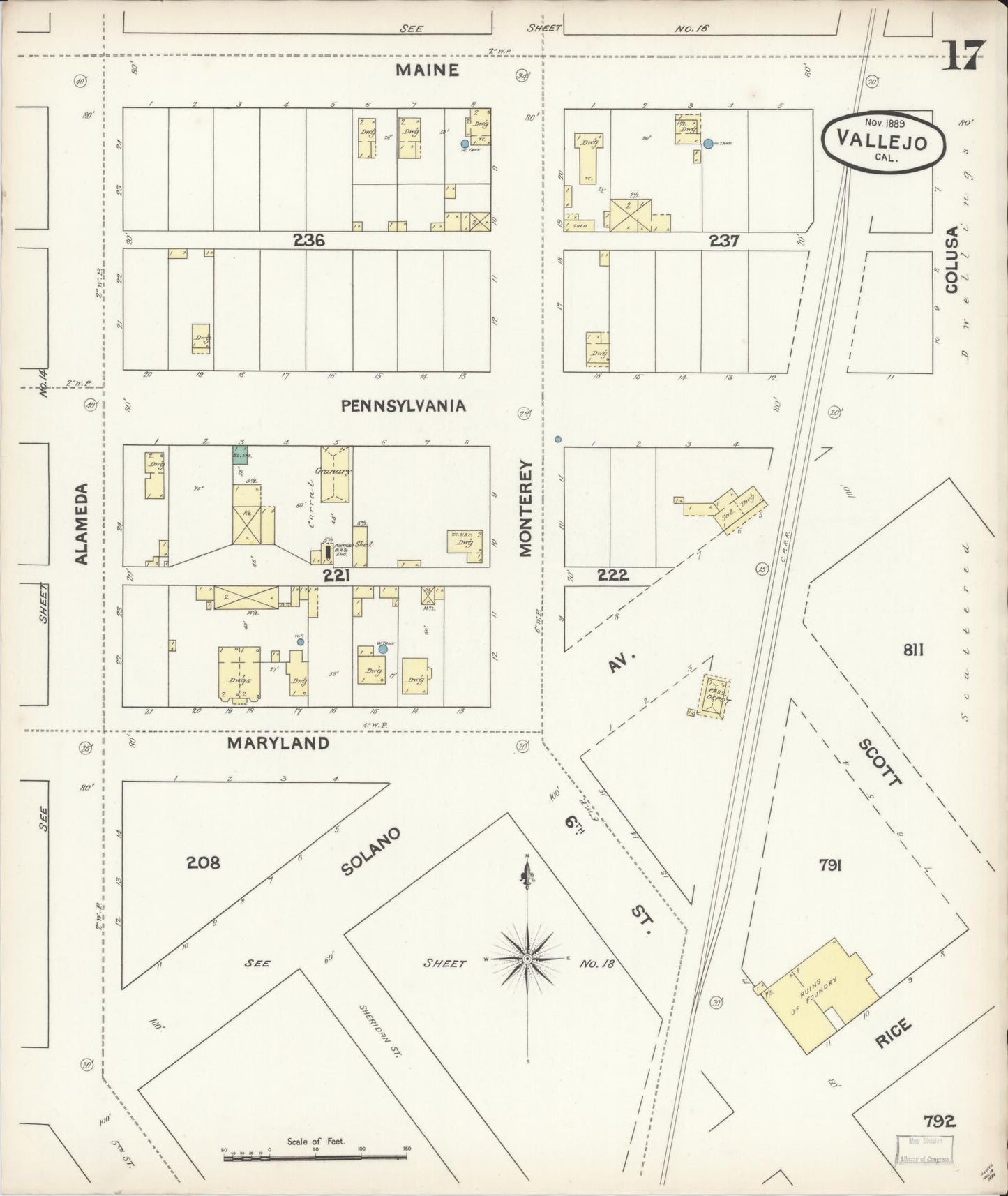 Sanborn Fire Insurance Map from Vallejo, Solano County, California (1889), Sheet #0017 - Complete Map Set gallery image, historic Sanborn map, vintage wall art, California California