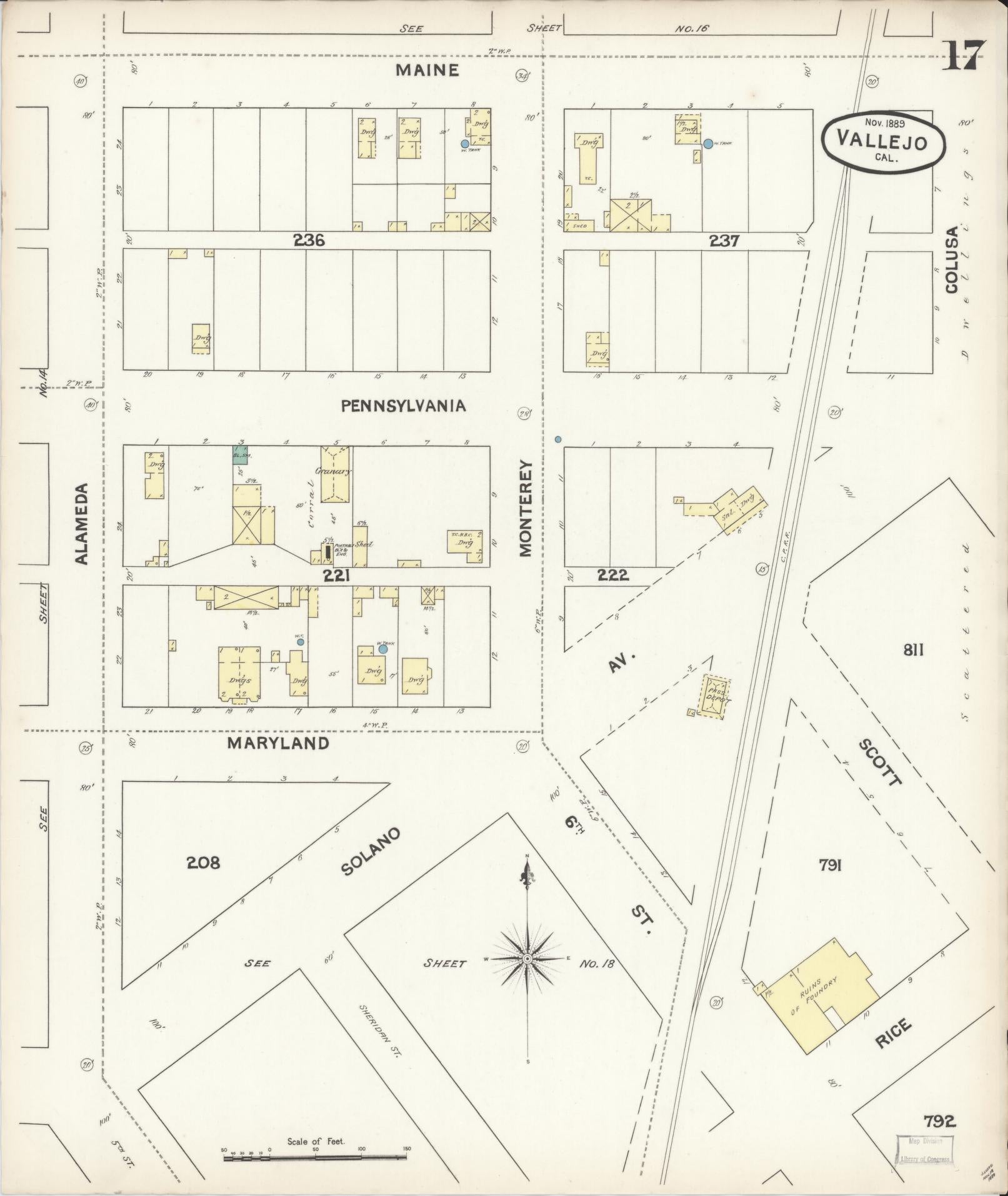 Sanborn Fire Insurance Map from Vallejo, Solano County, California (1889), Sheet #0017 - Complete Map Set gallery image, historic Sanborn map, vintage wall art, California California