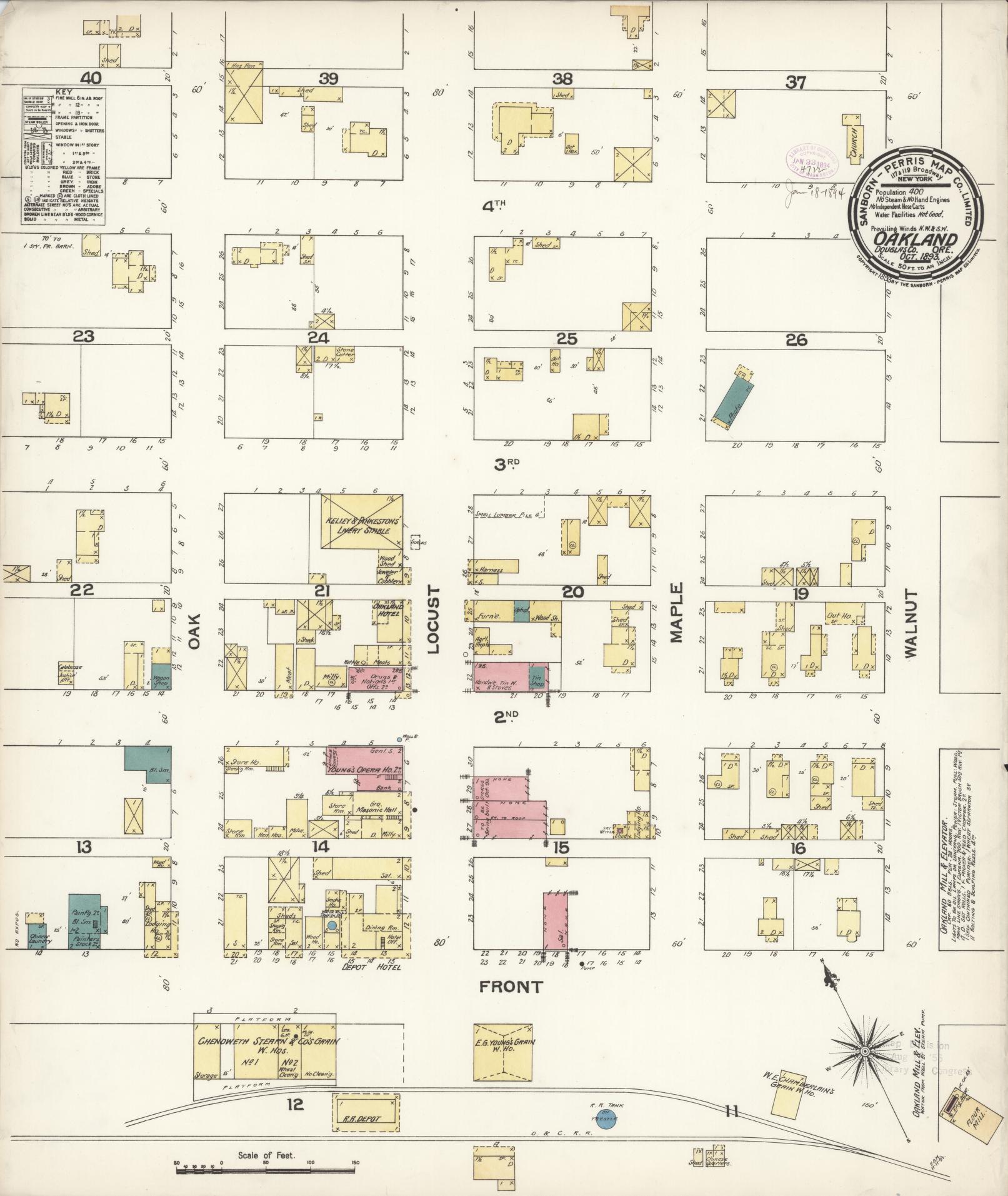 Sanborn Fire Insurance Map from Oakland, Douglas County, Oregon (1893), Sheet #0001 - Historic Sanborn Fire Insurance Map Print, vintage old map wall art, antique decor, genealogy gift, Oregon Oregon map