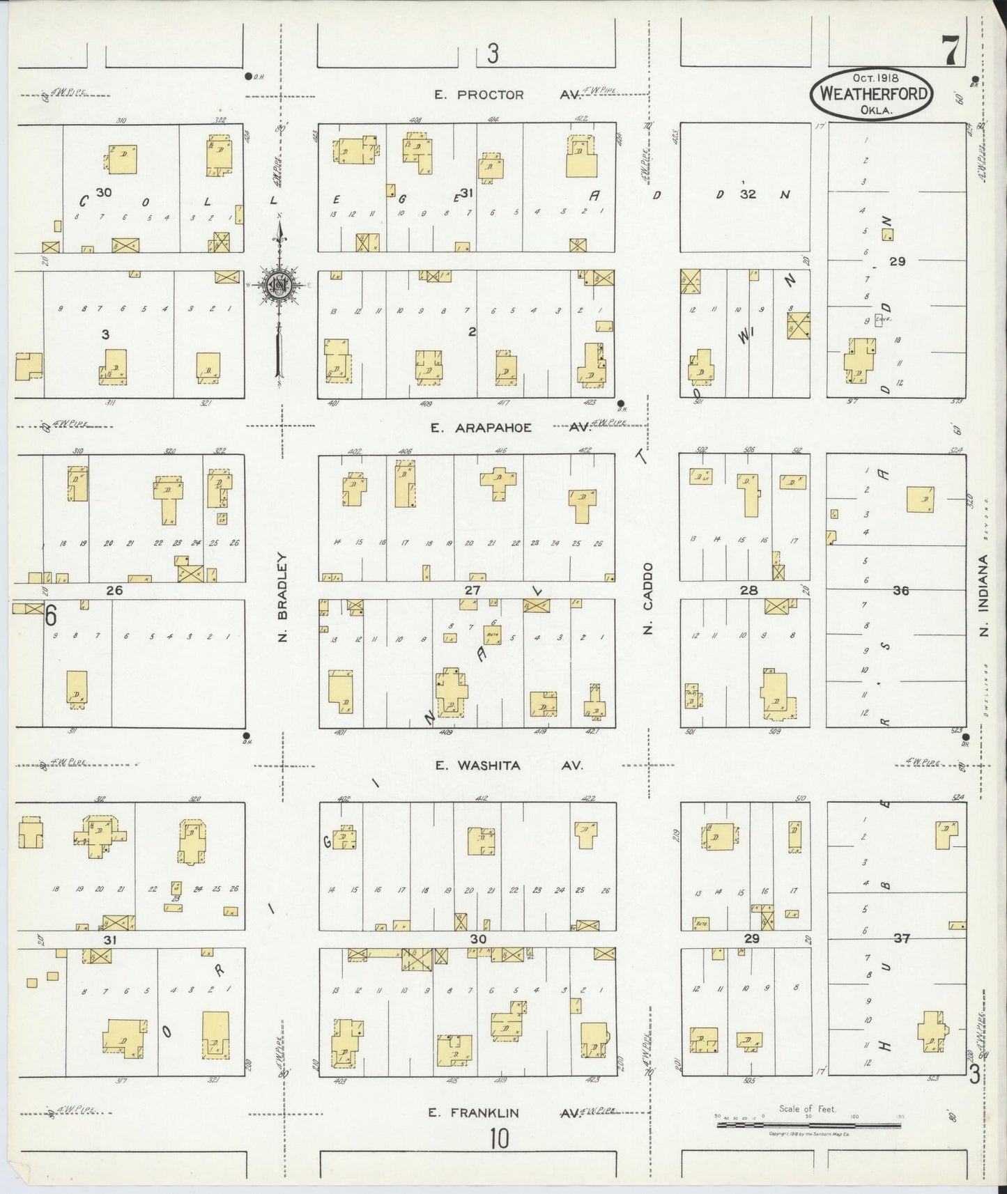 Sanborn Fire Insurance Map from Weatherford, Custer County, Oklahoma (1918), Sheet #0007 - Complete Map Set gallery image, historic Sanborn map, vintage wall art, Oklahoma Oklahoma