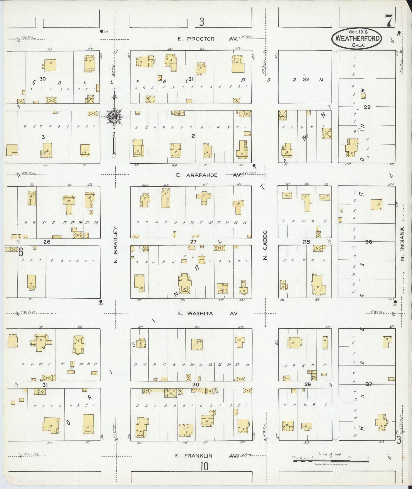 Sanborn Fire Insurance Map from Weatherford, Custer County, Oklahoma (1918), Sheet #0007 - Complete Map Set gallery image, historic Sanborn map, vintage wall art, Oklahoma Oklahoma