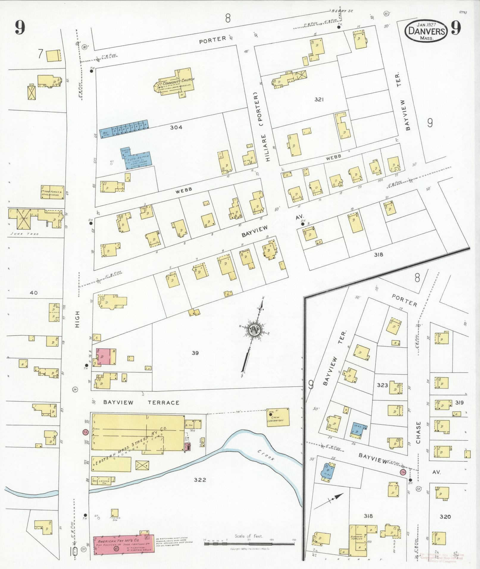 Sanborn Fire Insurance Map from Danvers, Essex County, Massachusetts (1927), Sheet #0009 - Historic Sanborn Fire Insurance Map Print, vintage old map wall art, antique decor, genealogy gift, Massachusetts Massachusetts map
