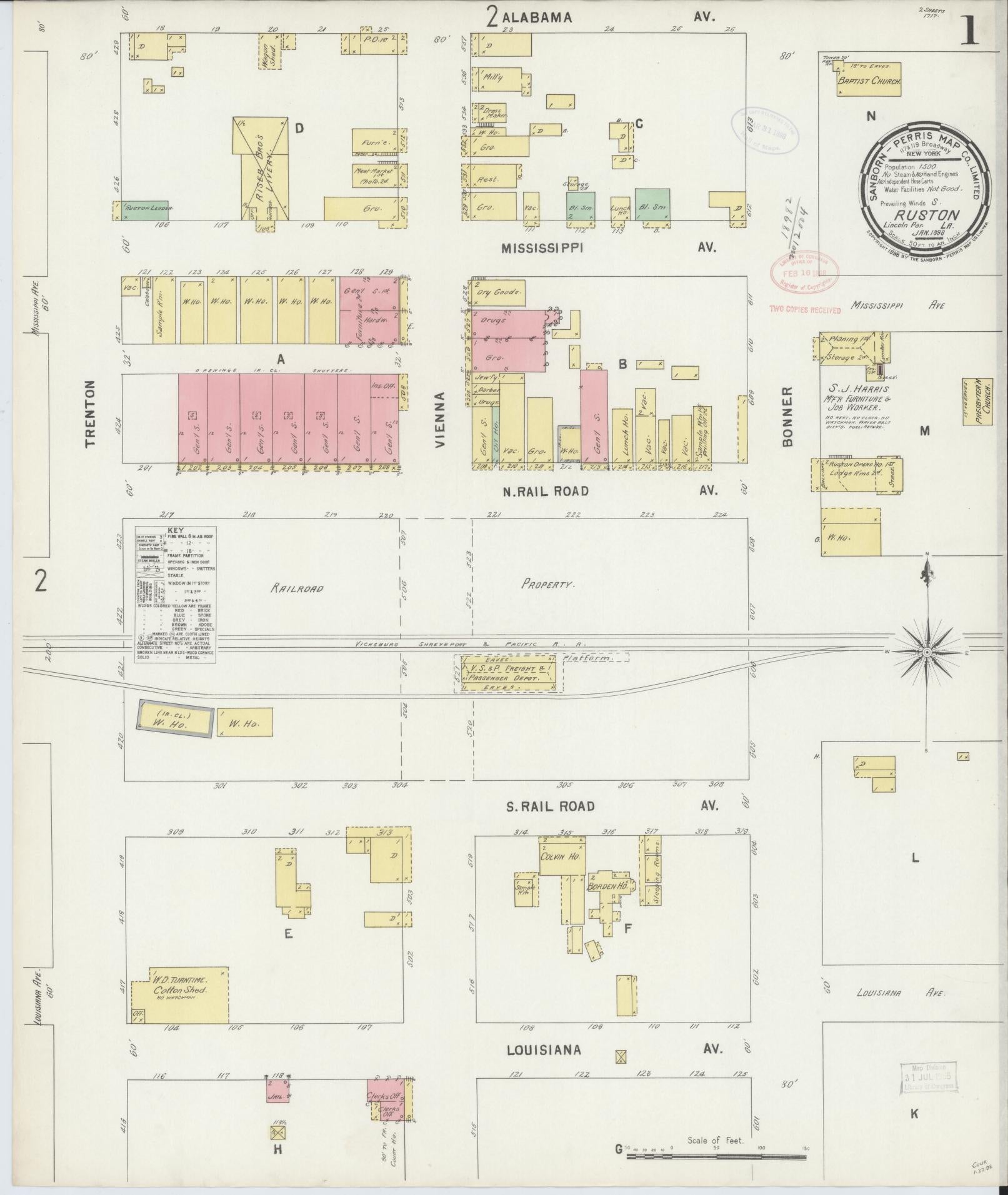 Sanborn Fire Insurance Map from Ruston, Lincoln Parish, Louisiana. (1898) – Historic Sanborn Fire Insurance Map Print