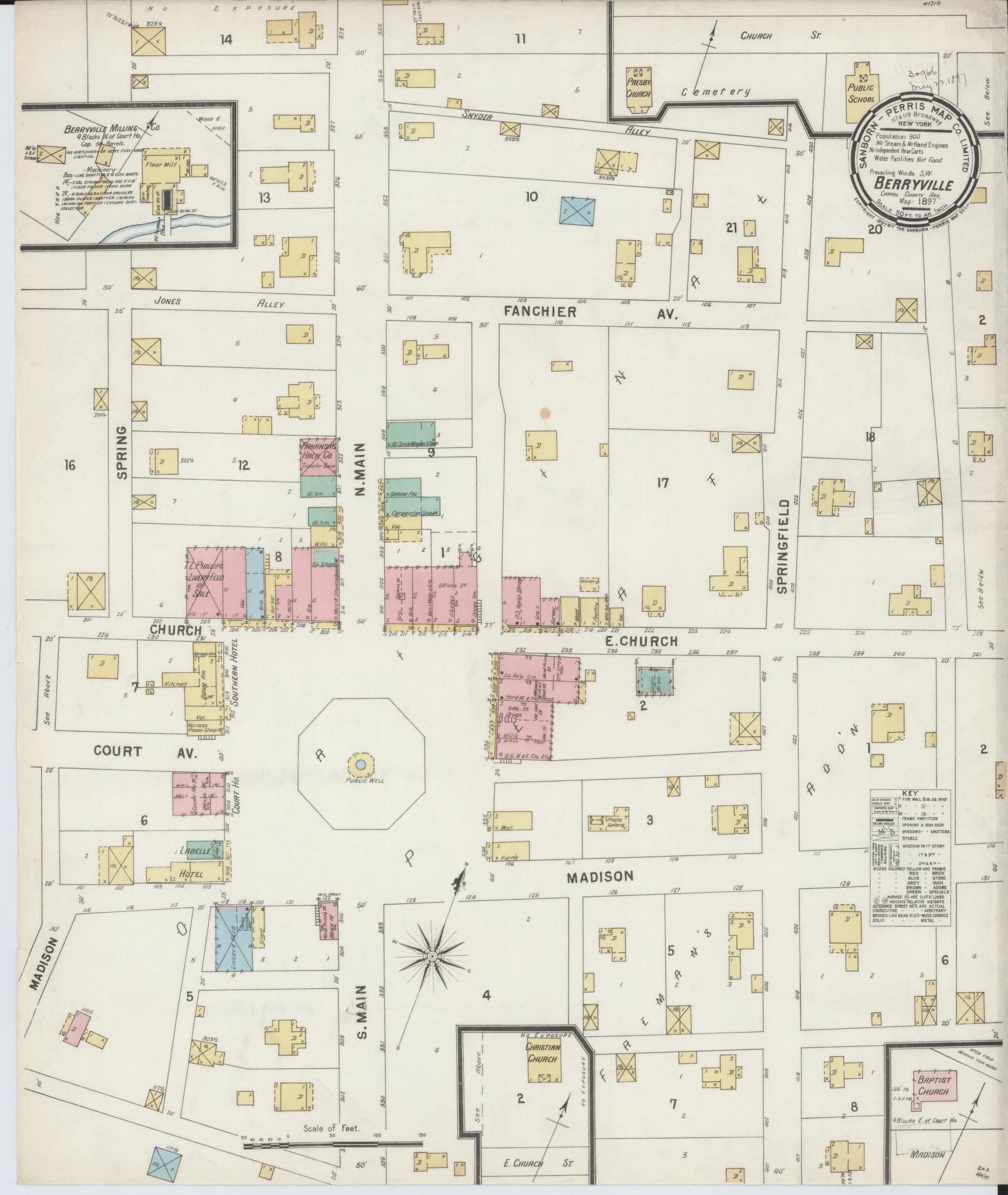 Sanborn Fire Insurance Map from Berryville, Carroll County, Arkansas (1897), Sheet #0001 - Historic Sanborn Fire Insurance Map Print, vintage old map wall art, antique decor, genealogy gift, Arkansas Arkansas map