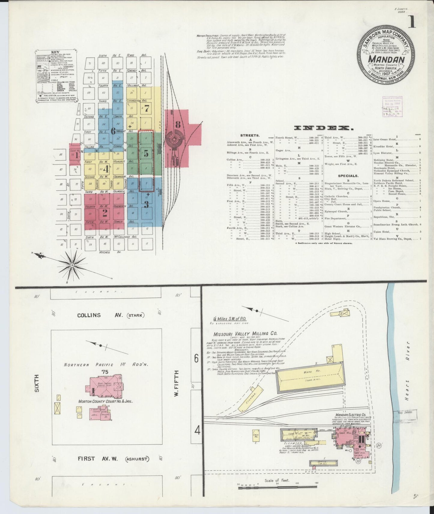 Sanborn Fire Insurance Map from Mandan, Morton County, North Dakota (1907), Sheet #0001 - Complete Map Set gallery image, historic Sanborn map, vintage wall art, North Dakota North Dakota