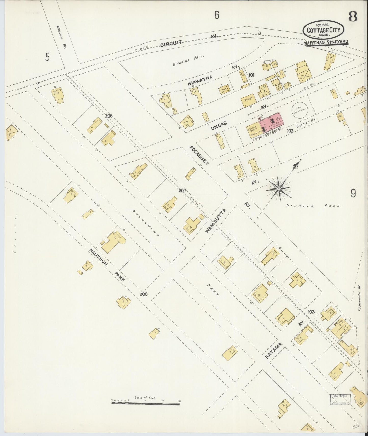 Sanborn Fire Insurance Map from Cottage City, Dukes County, Massachusetts (1904), Sheet #0008 - Historic Sanborn Fire Insurance Map Print, vintage old map wall art, antique decor, genealogy gift, Massachusetts Massachusetts map