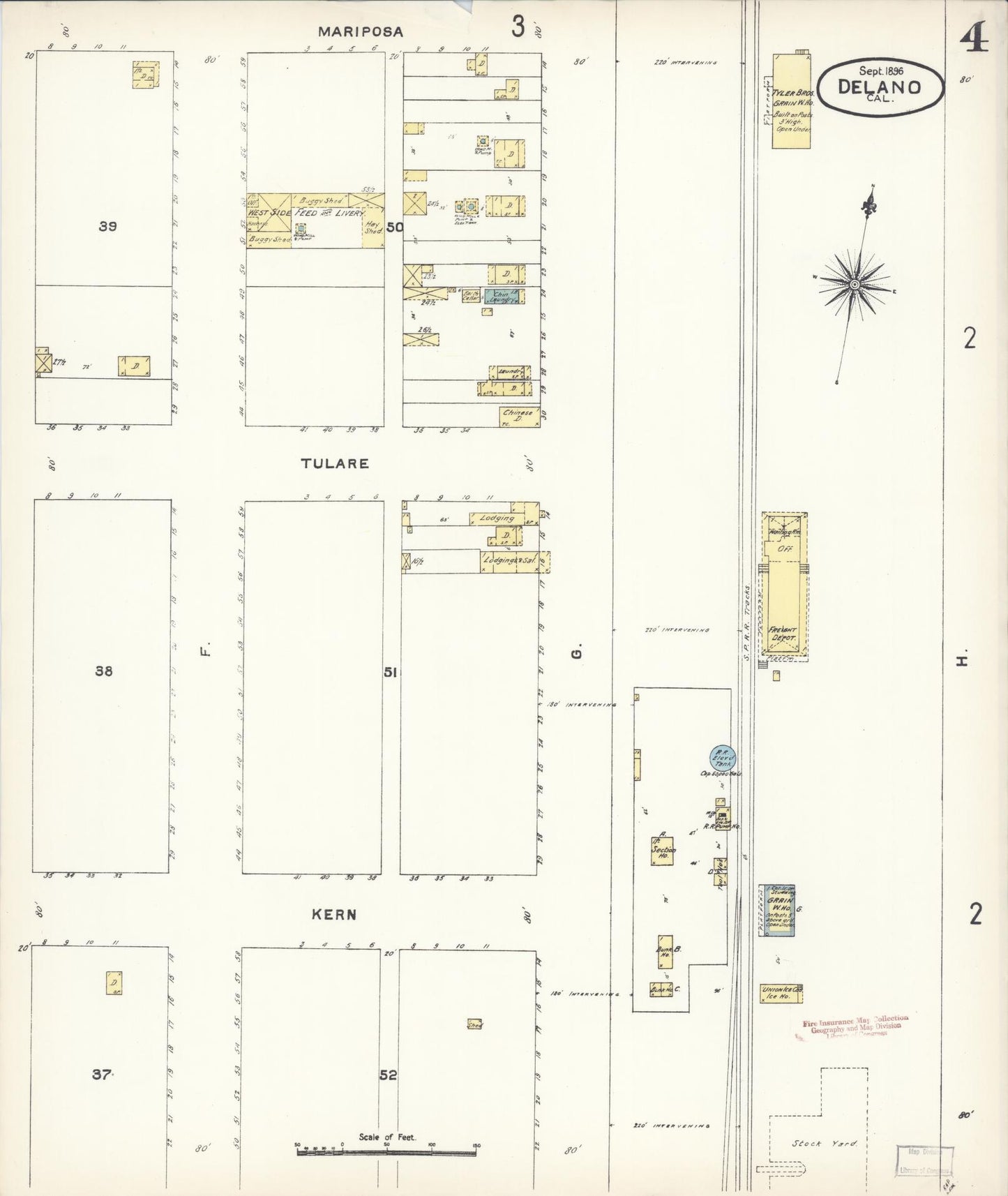 Sanborn Fire Insurance Map from Delano, Kern County, California (1896), Sheet #0004 - Complete Map Set gallery image, historic Sanborn map, vintage wall art, California California