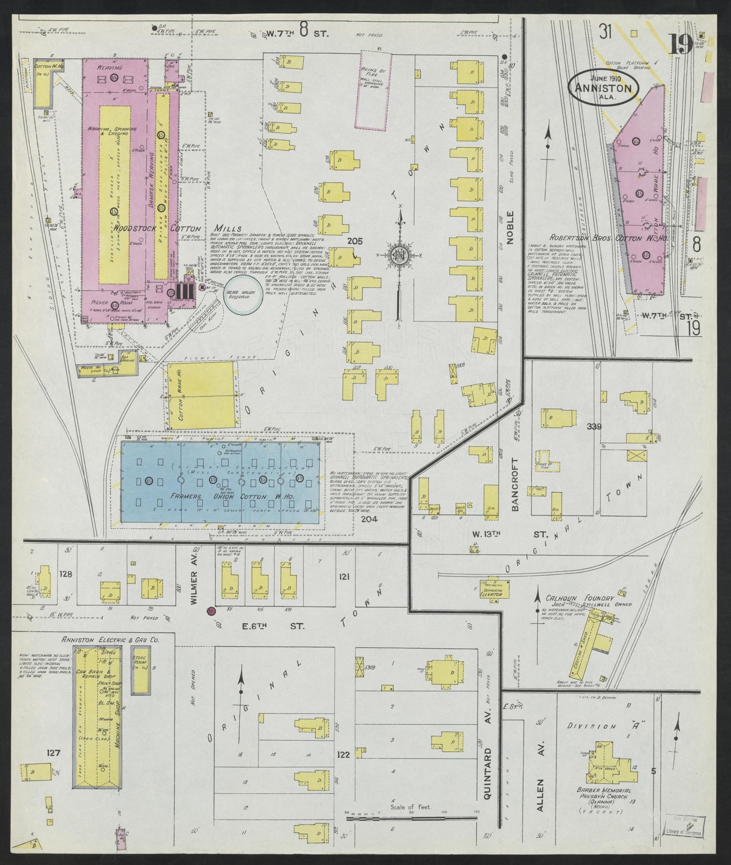 Sanborn Fire Insurance Map from Anniston, Calhoun County, Alabama (1910), Sheet #0019 - Complete Map Set gallery image, historic Sanborn map, vintage wall art, Alabama Alabama