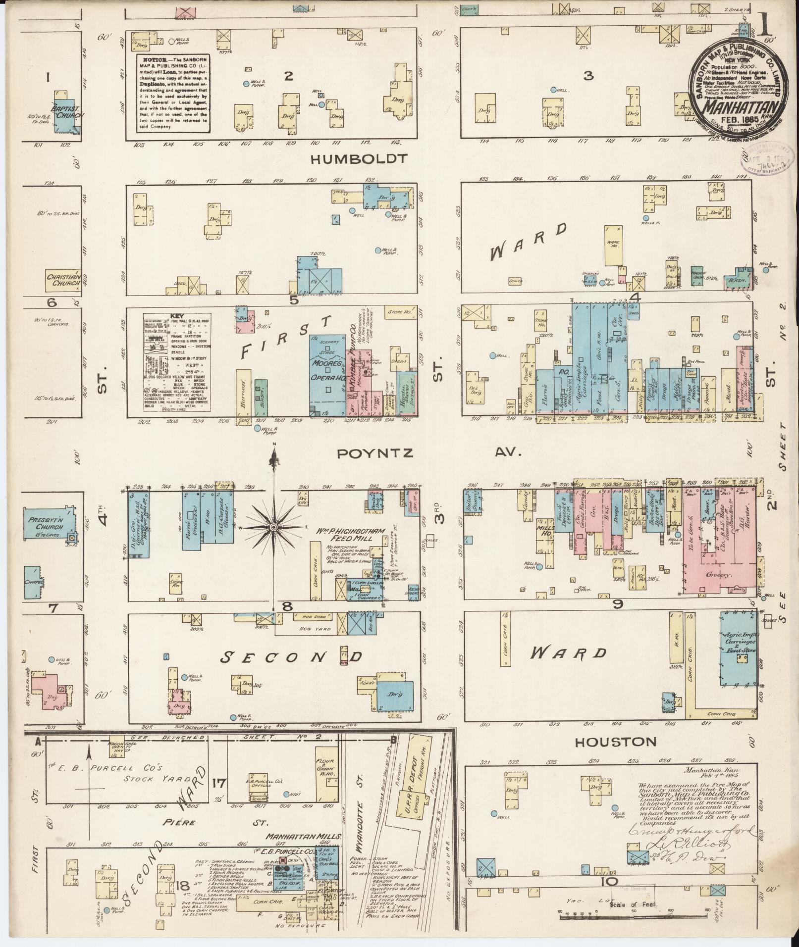 Sanborn Fire Insurance Map from Manhattan, Riley County, Kansas (1885), Sheet #0001 - Historic Sanborn Fire Insurance Map Print, vintage old map wall art, antique decor, genealogy gift, Kansas Kansas map