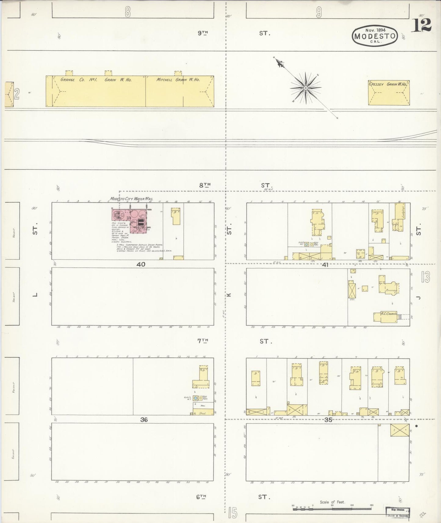 Sanborn Fire Insurance Map from Modesto, Stanislaus County, California (1894), Sheet #0012 - Complete Map Set gallery image, historic Sanborn map, vintage wall art, California California