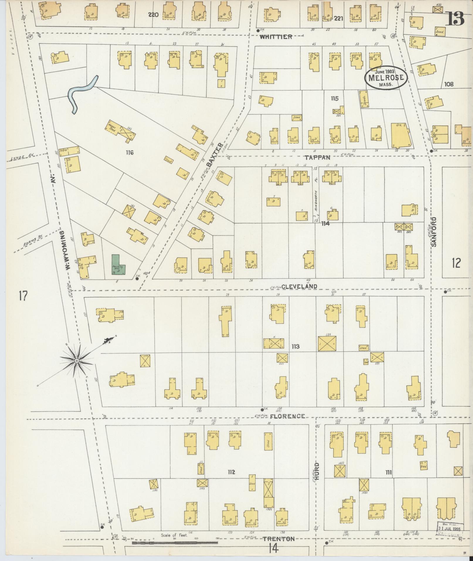 Sanborn Fire Insurance Map from Melrose, Middlesex County, Massachusetts (1903), Sheet #0013 - Complete Map Set gallery image, historic Sanborn map, vintage wall art, Massachusetts Massachusetts