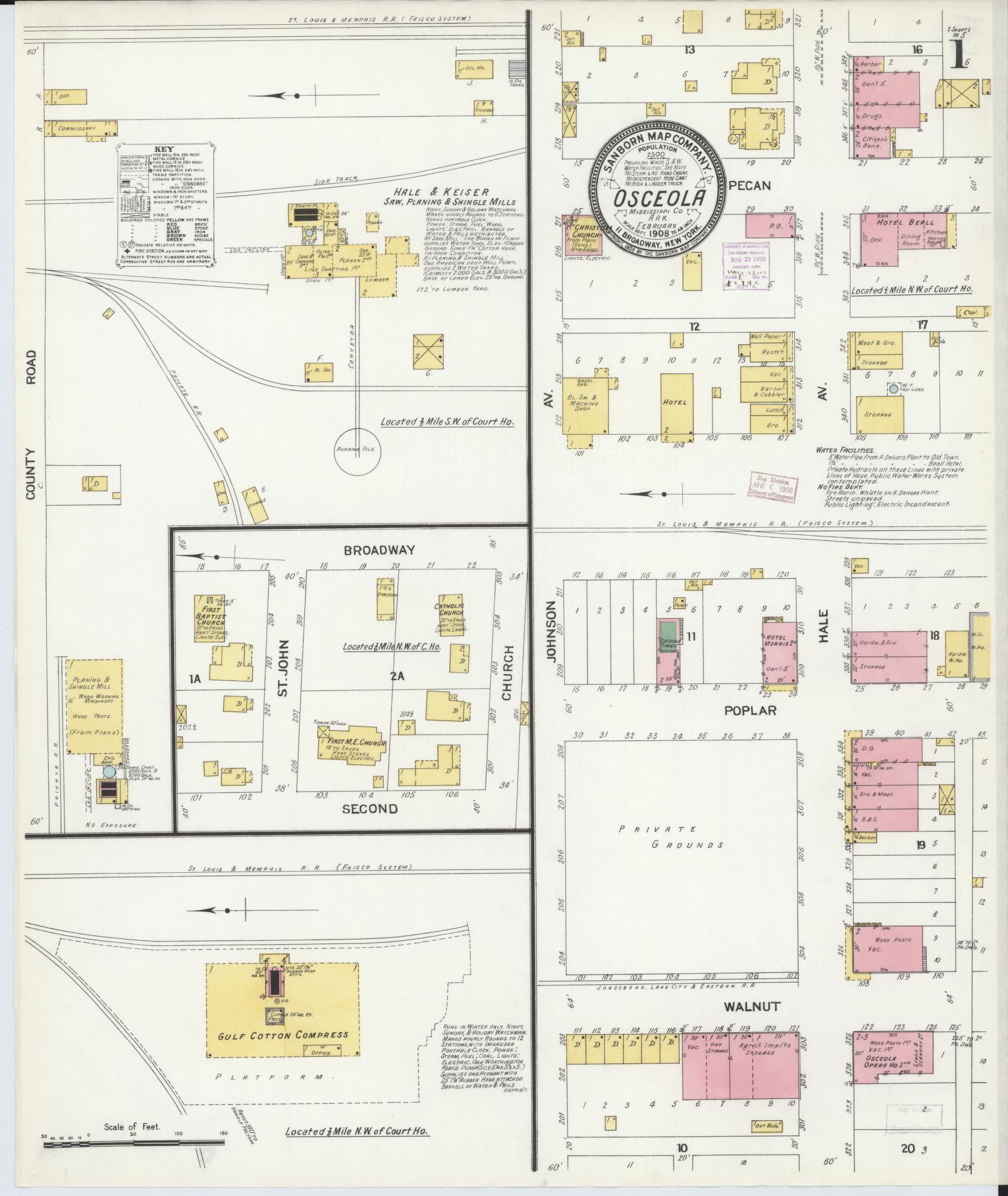 Sanborn Fire Insurance Map from Osceola, Mississippi County, Arkansas (1908), Sheet #0001 - Complete Map Set gallery image, historic Sanborn map, vintage wall art, Arkansas Arkansas
