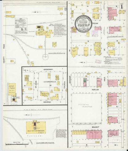 Sanborn Fire Insurance Map from Osceola, Mississippi County, Arkansas (1908), Sheet #0001 - Complete Map Set gallery image, historic Sanborn map, vintage wall art, Arkansas Arkansas