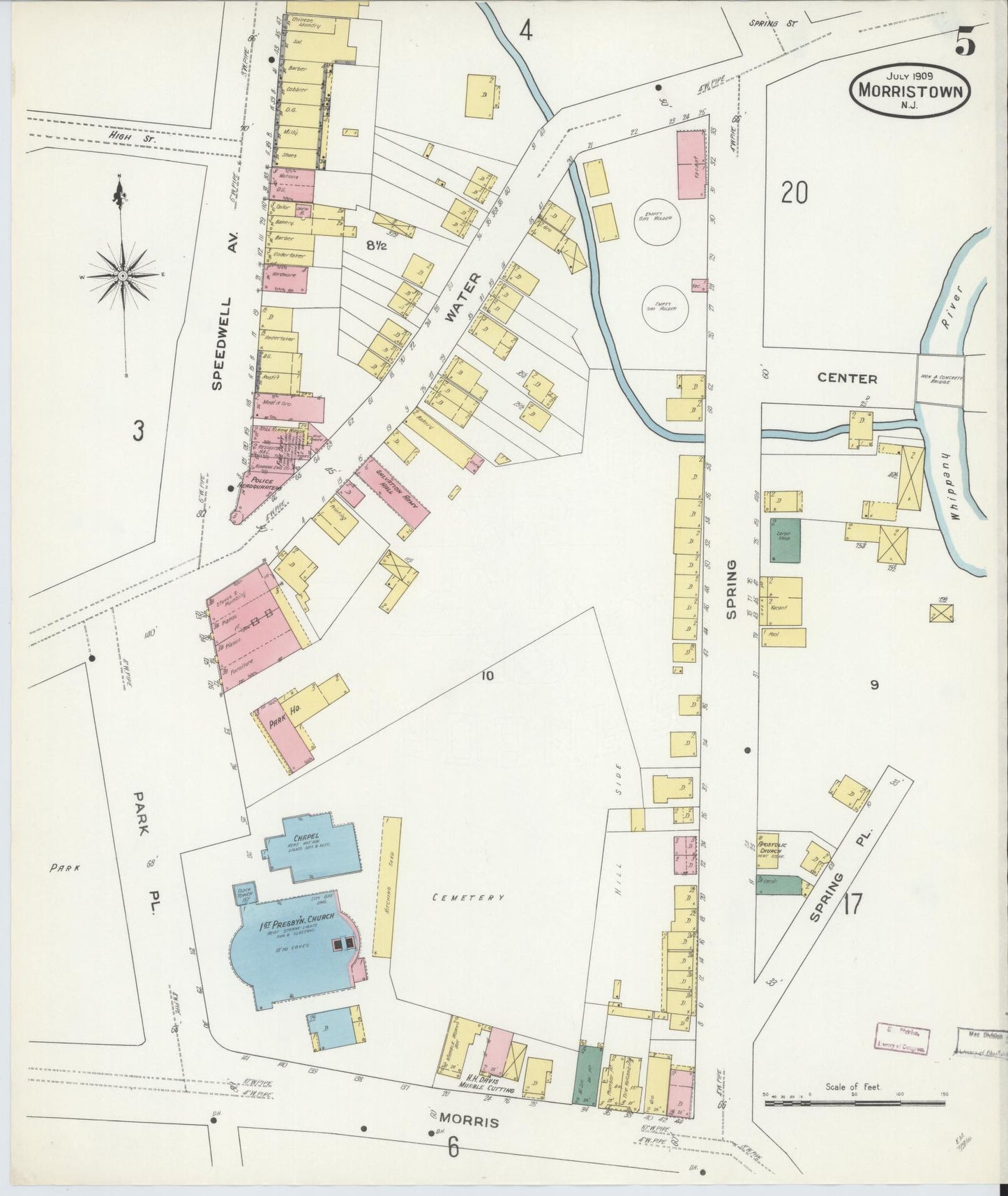 Sanborn Fire Insurance Map from Morristown, Morris County, New Jersey (1909), Sheet #0005 - Complete Map Set gallery image, historic Sanborn map, vintage wall art, New Jersey New Jersey