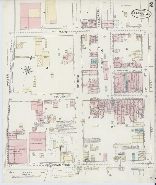 Sanborn Fire Insurance Map from Clarksville, Montgomery County, Tennessee (1888), Sheet #0002 - Historic Sanborn Fire Insurance Map Print, vintage old map wall art, antique decor, genealogy gift, Tennessee Tennessee map