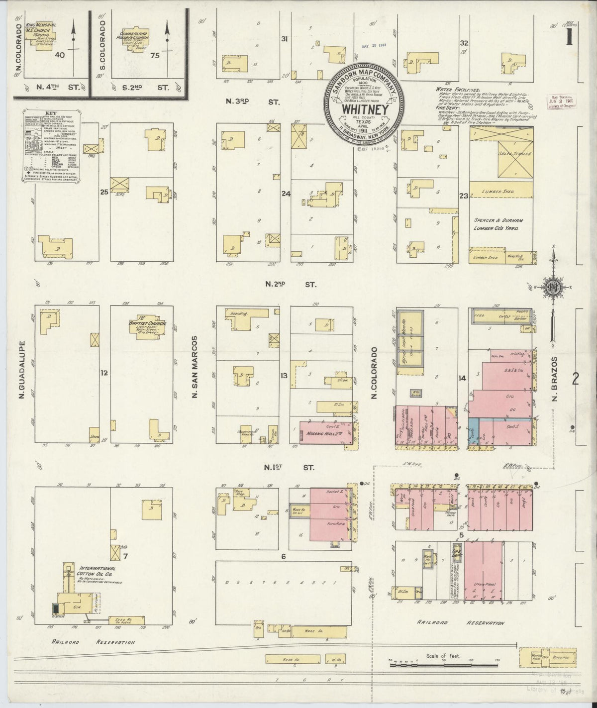 Sanborn Fire Insurance Map from Whitney, Hill County, Texas (1911), Sheet #0001 - Historic Sanborn Fire Insurance Map Print, vintage old map wall art, antique decor, genealogy gift, Texas Texas map