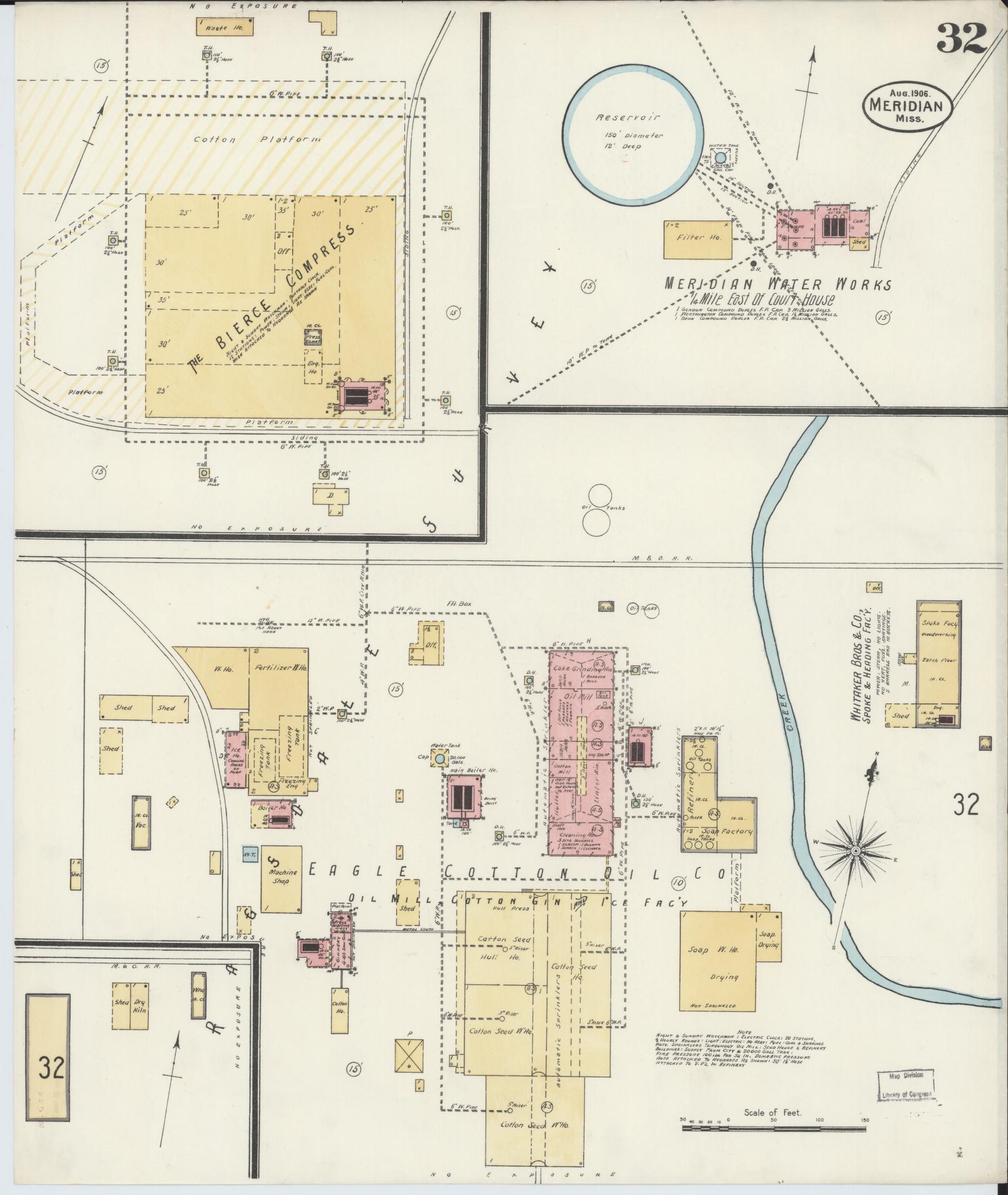 Sanborn Fire Insurance Map from Meridian, Lauderdale County, Mississippi (1906), Sheet #0032 - Historic Sanborn Fire Insurance Map Print, vintage old map wall art, antique decor, genealogy gift, Mississippi Mississippi map