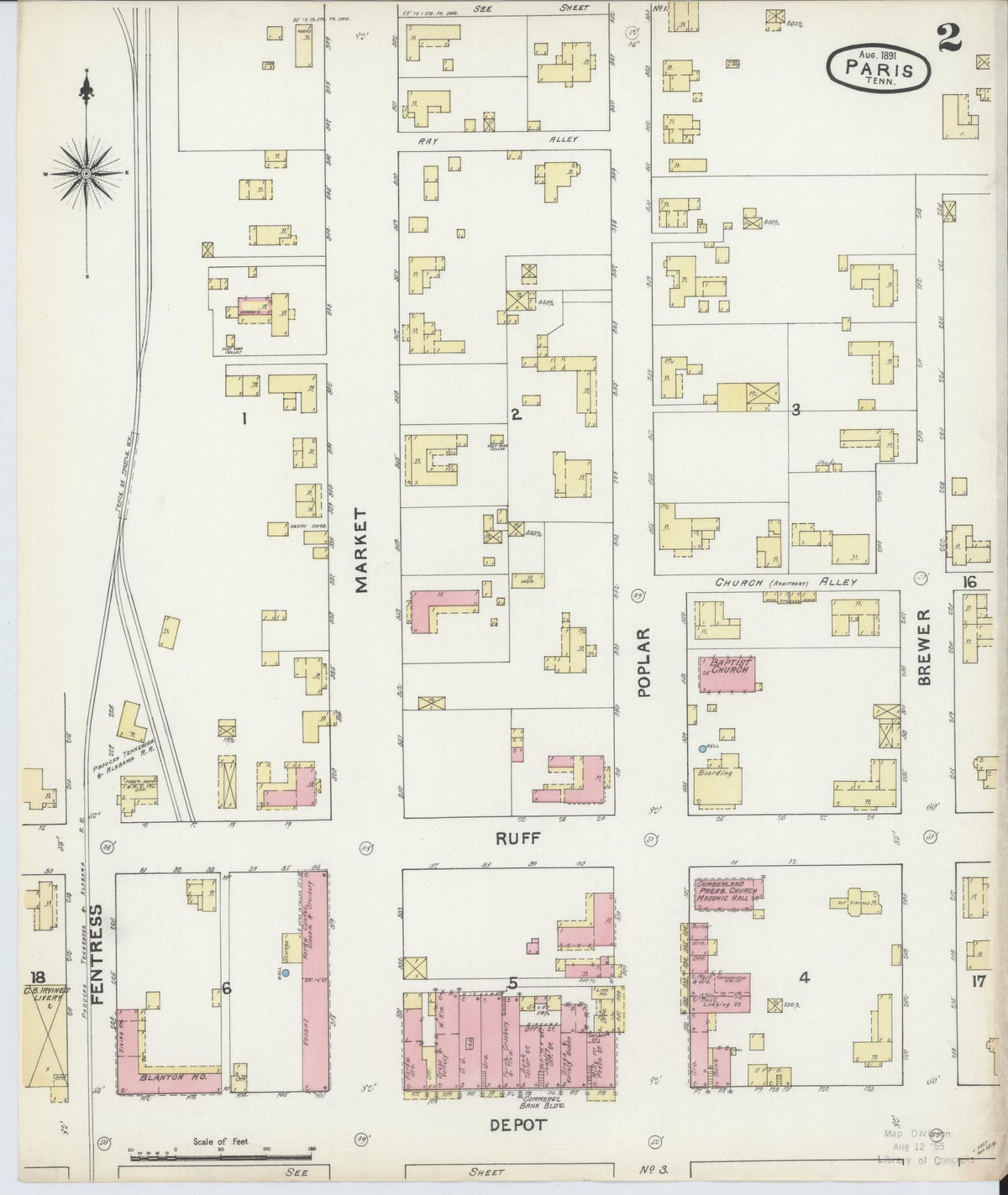 Sanborn Fire Insurance Map from Paris, Henry County, Tennessee (1891), Sheet #0002 - Complete Map Set gallery image, historic Sanborn map, vintage wall art, Tennessee Tennessee