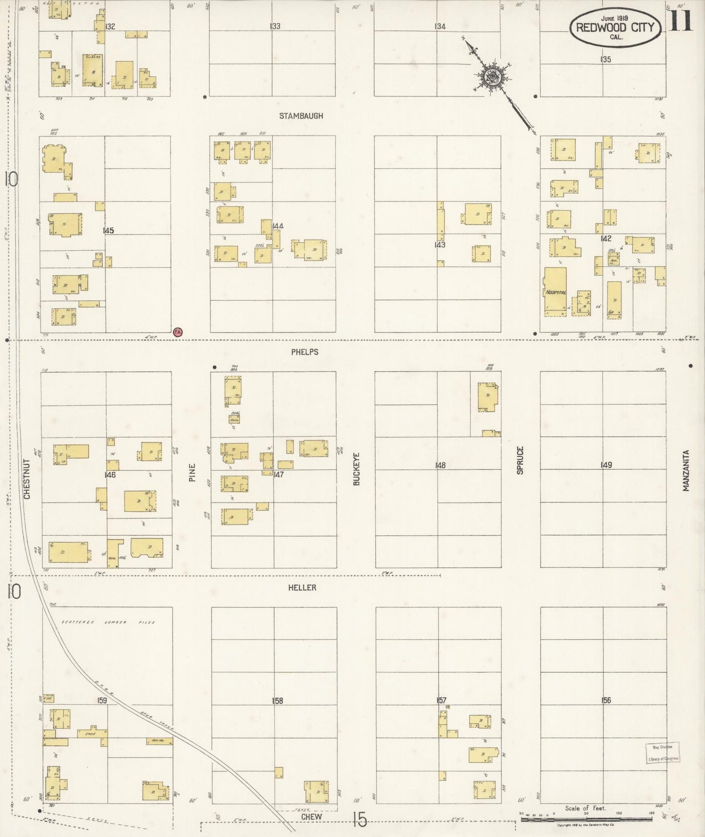 Sanborn Fire Insurance Map from Redwood City, San Mateo County, California (1919), Sheet #0011 - Complete Map Set gallery image, historic Sanborn map, vintage wall art, California California
