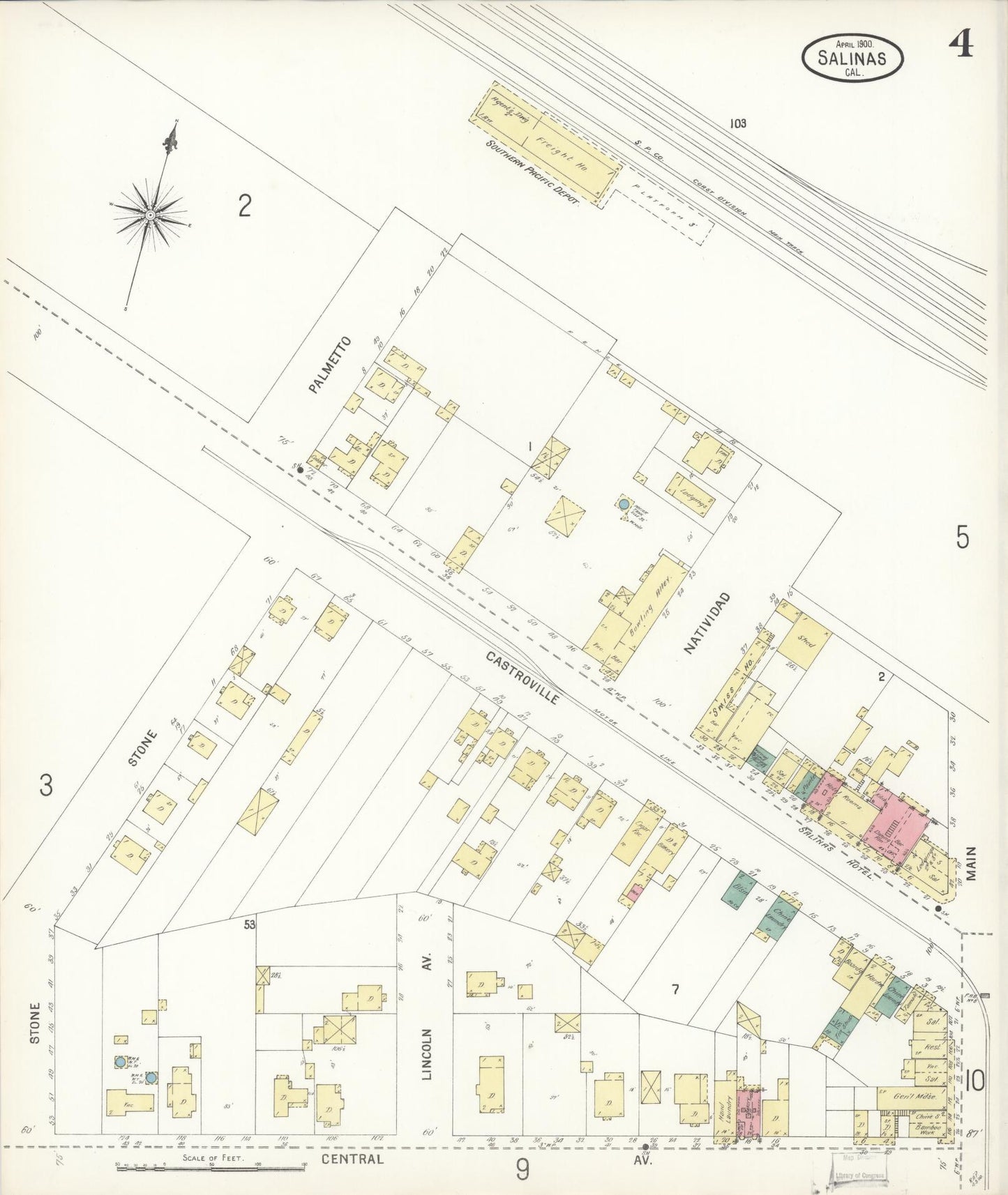 Sanborn Fire Insurance Map from Salinas, Monterey County, California (1900), Sheet #0004 - Complete Map Set gallery image, historic Sanborn map, vintage wall art, California California