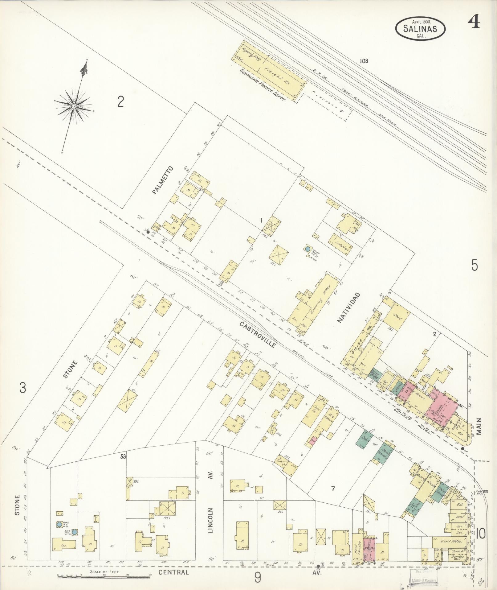 Sanborn Fire Insurance Map from Salinas, Monterey County, California (1900), Sheet #0004 - Complete Map Set gallery image, historic Sanborn map, vintage wall art, California California