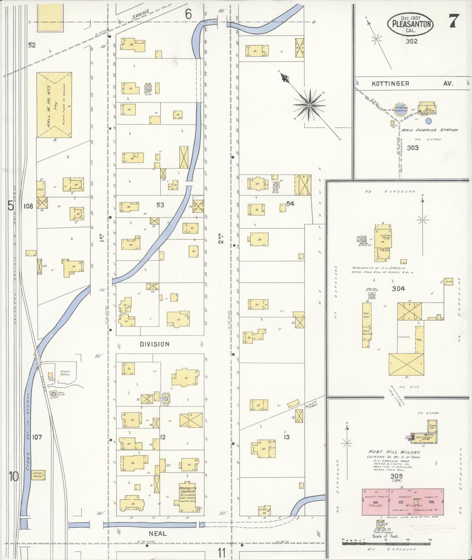Sanborn Fire Insurance Map from Pleasanton, Alameda County, California (1907), Sheet #0007 - Complete Map Set gallery image, historic Sanborn map, vintage wall art, California California