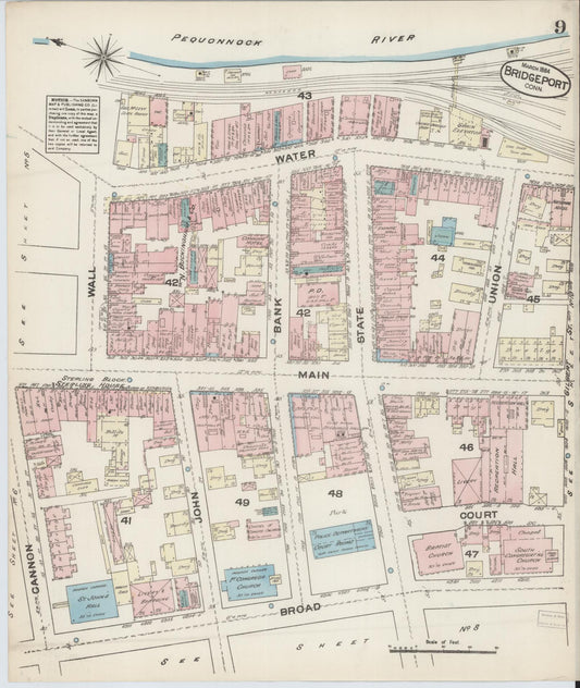 Sanborn Fire Insurance Map from Bridgeport, Fairfield County, Connecticut (1884), Sheet #0009 - Historic Sanborn Fire Insurance Map Print, vintage old map wall art, antique decor, genealogy gift, Connecticut Connecticut map