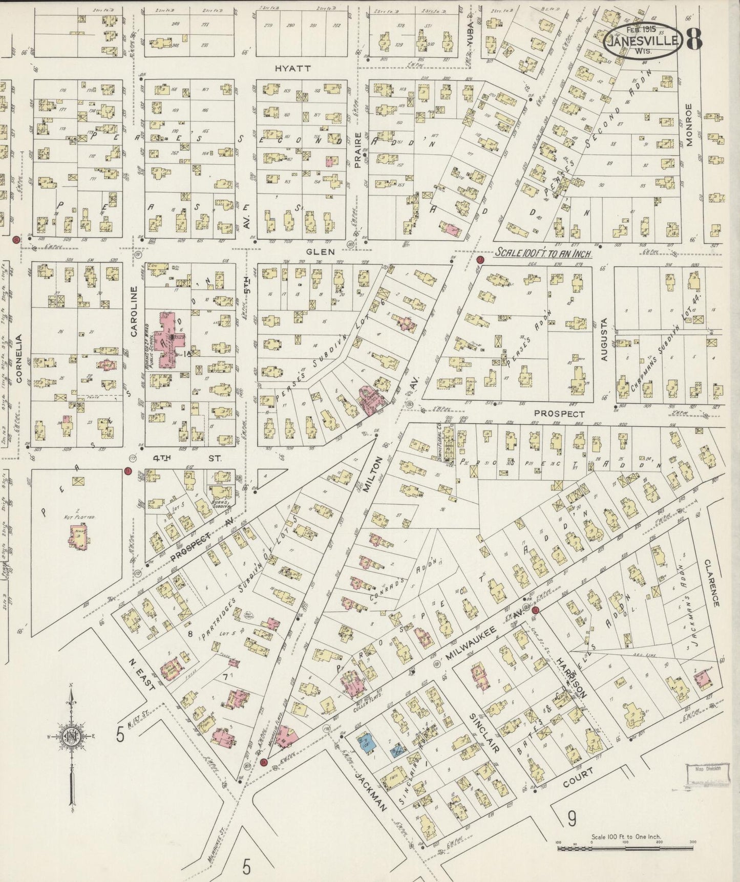 Sanborn Fire Insurance Map from Janesville, Rock County, Wisconsin (1915), Sheet #0008 - Historic Sanborn Fire Insurance Map Print, vintage old map wall art, antique decor, genealogy gift, Wisconsin Wisconsin map