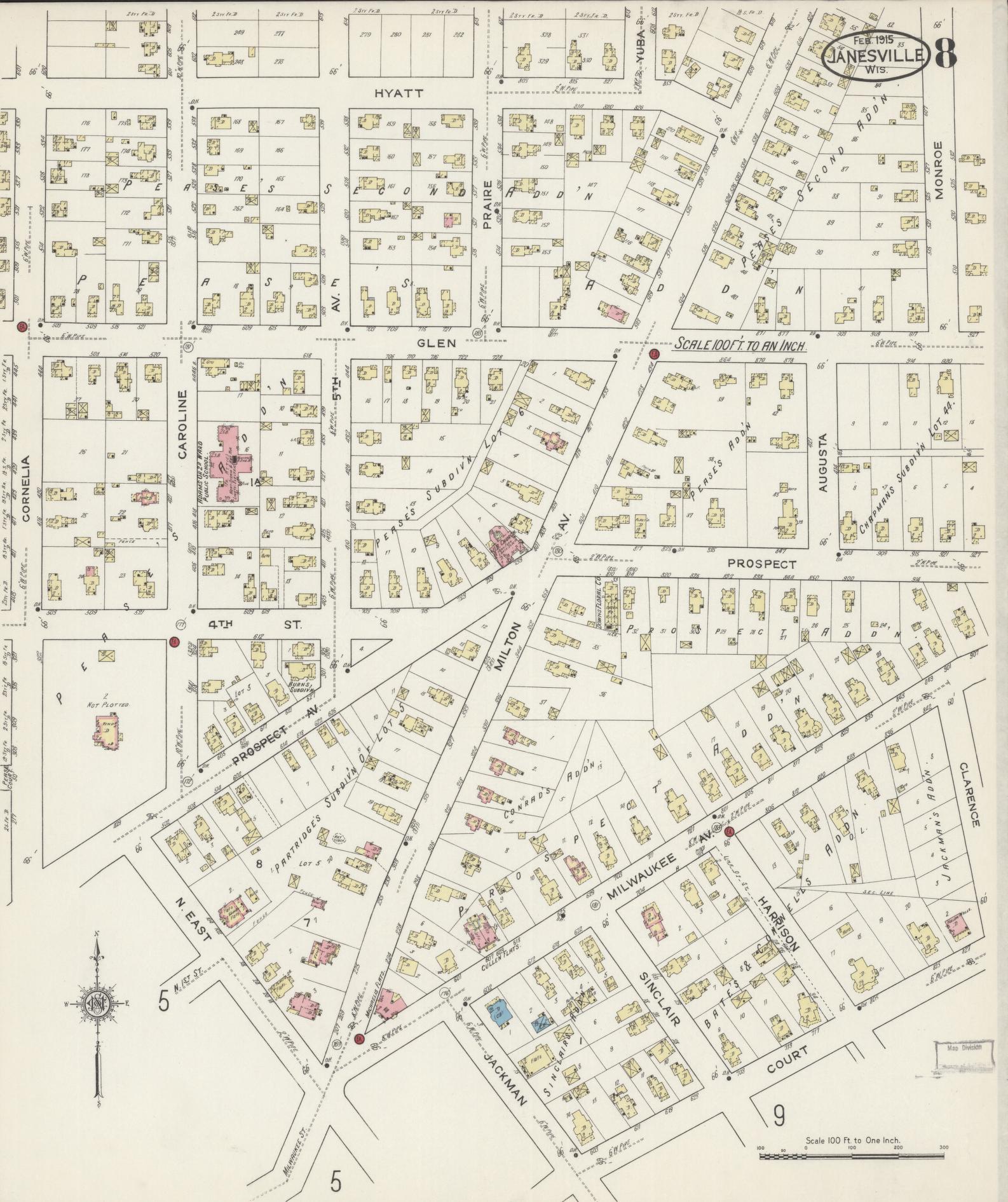 Sanborn Fire Insurance Map from Janesville, Rock County, Wisconsin (1915), Sheet #0008 - Historic Sanborn Fire Insurance Map Print, vintage old map wall art, antique decor, genealogy gift, Wisconsin Wisconsin map