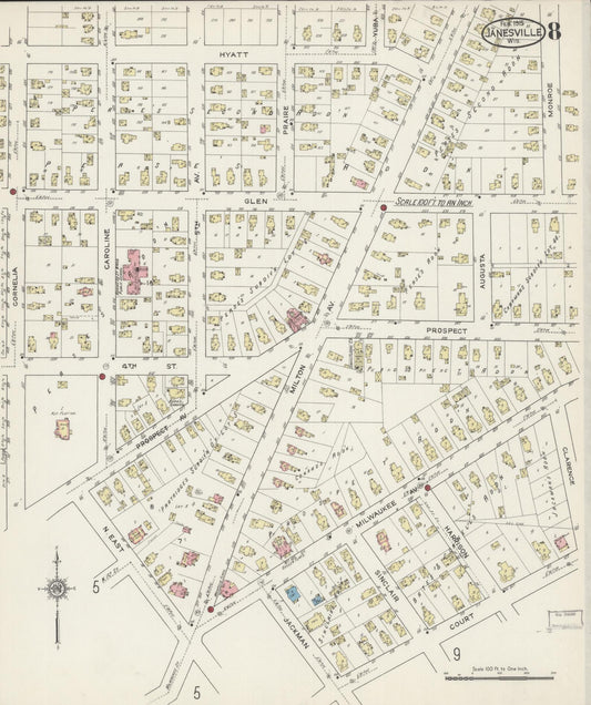 Sanborn Fire Insurance Map from Janesville, Rock County, Wisconsin (1915), Sheet #0008 - Historic Sanborn Fire Insurance Map Print, vintage old map wall art, antique decor, genealogy gift, Wisconsin Wisconsin map