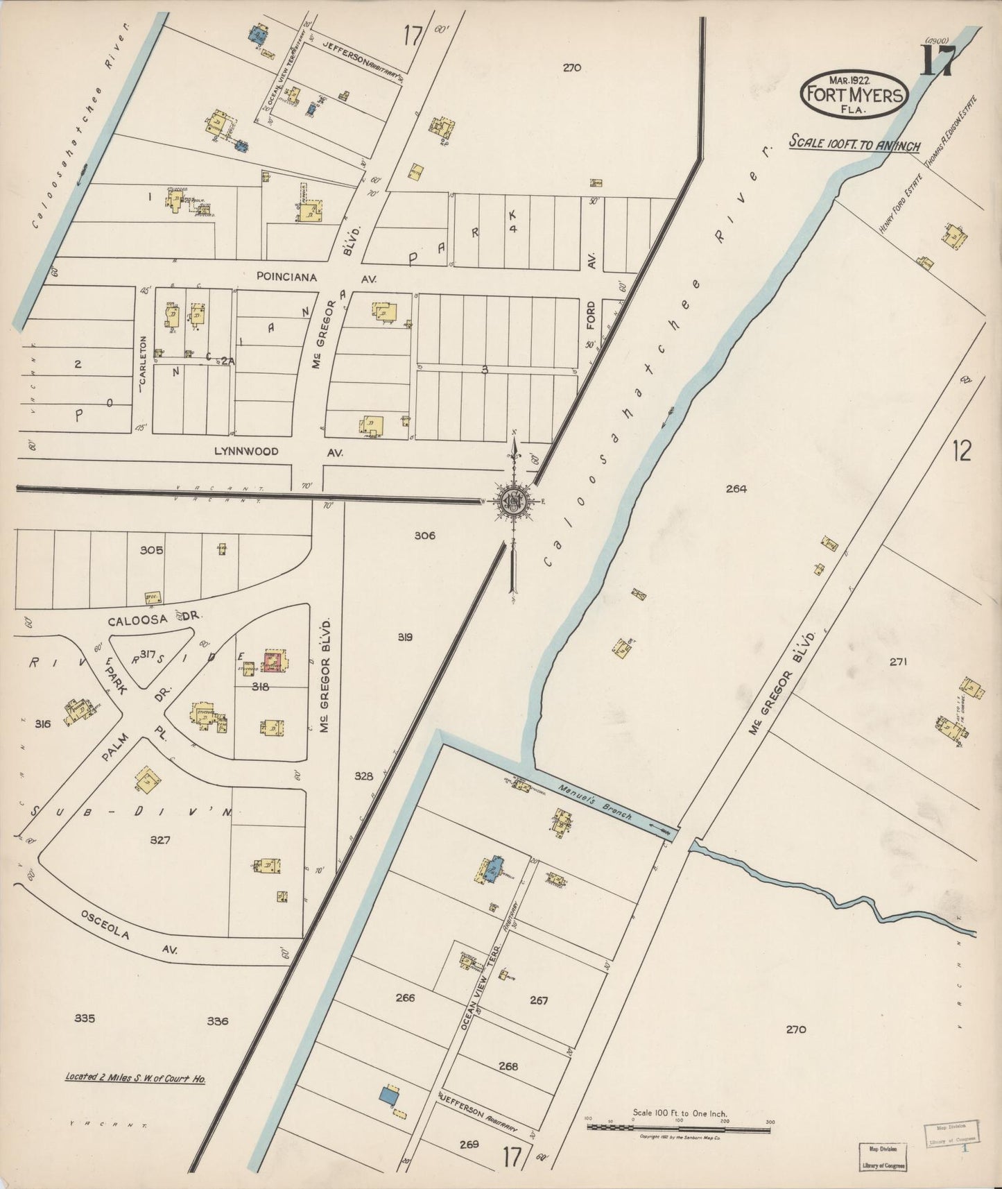 Sanborn Fire Insurance Map from Fort Myers, Lee County, Florida (1922), Sheet #0017 - Historic Sanborn Fire Insurance Map Print, vintage old map wall art, antique decor, genealogy gift, Florida Florida map