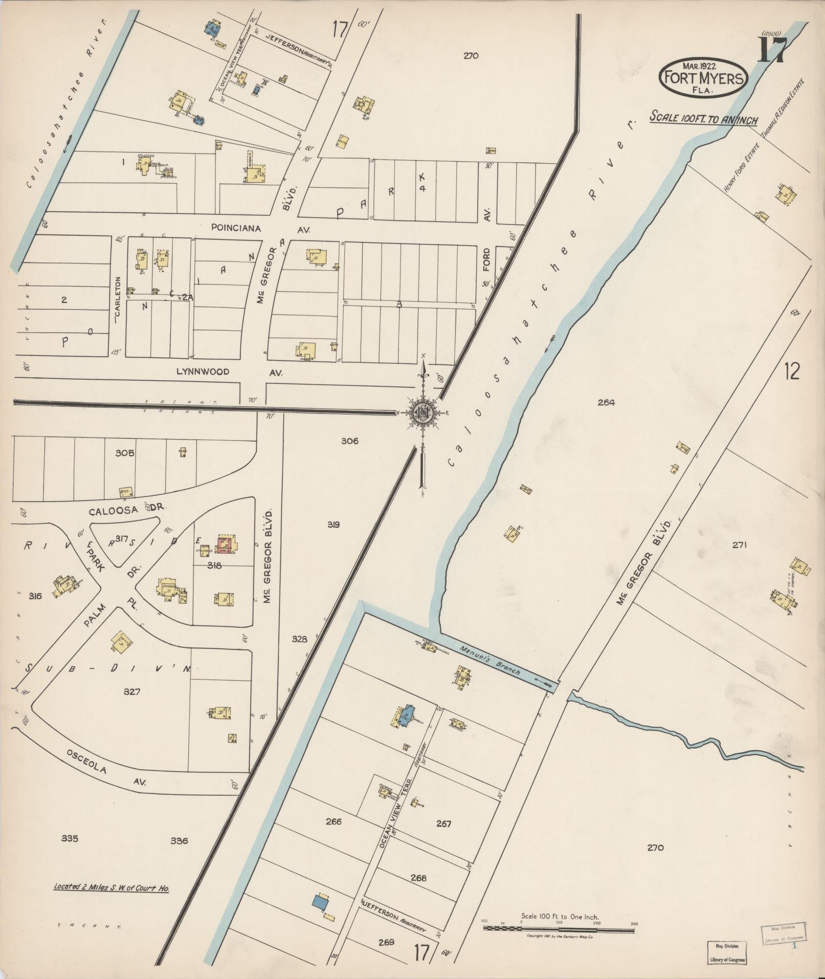 Sanborn Fire Insurance Map from Fort Myers, Lee County, Florida (1922), Sheet #0017 - Historic Sanborn Fire Insurance Map Print, vintage old map wall art, antique decor, genealogy gift, Florida Florida map