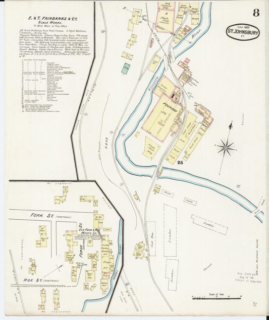 Sanborn Fire Insurance Map from Saint Johnsbury, Caledonia County, Vermont (1889), Sheet #0008 - Historic Sanborn Fire Insurance Map Print, vintage old map wall art, antique decor, genealogy gift, Vermont Vermont map