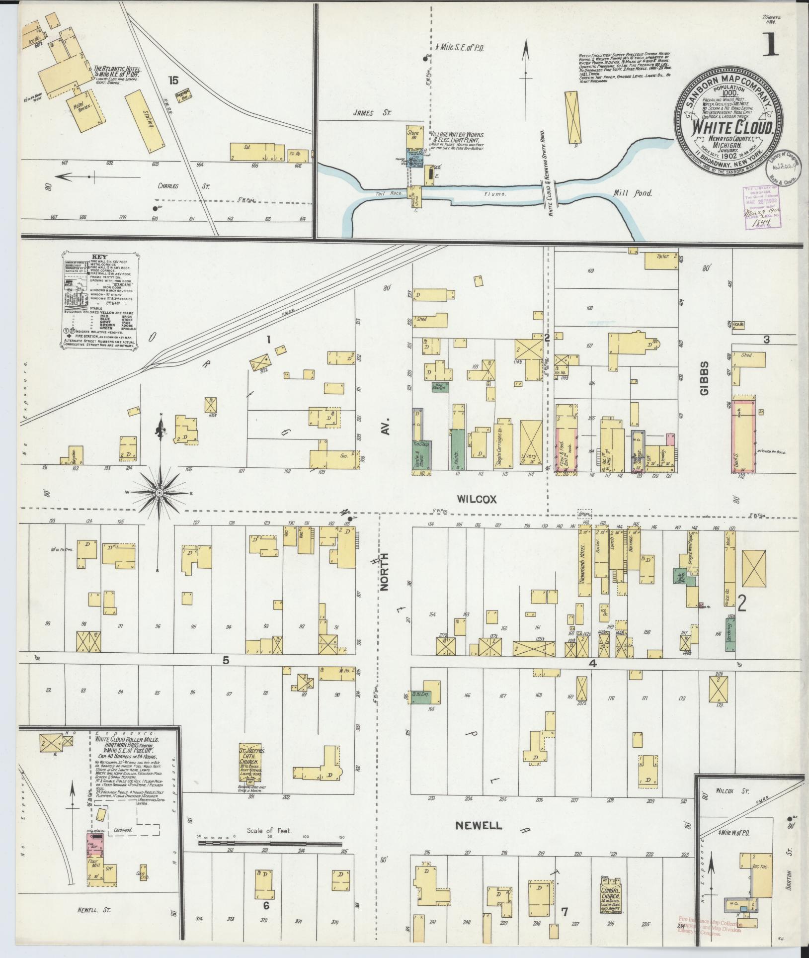 Sanborn Fire Insurance Map from White Cloud, Newaygo County, Michigan (1902), Sheet #0001 - Historic Sanborn Fire Insurance Map Print, vintage old map wall art, antique decor, genealogy gift, Michigan Michigan map