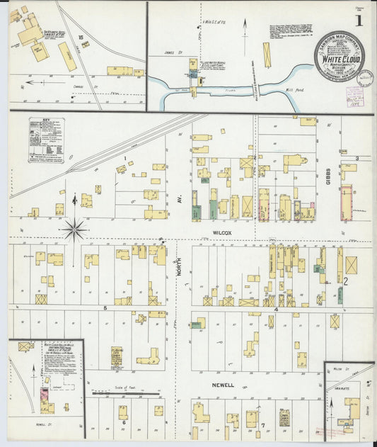 Sanborn Fire Insurance Map from White Cloud, Newaygo County, Michigan (1902), Sheet #0001 - Historic Sanborn Fire Insurance Map Print, vintage old map wall art, antique decor, genealogy gift, Michigan Michigan map