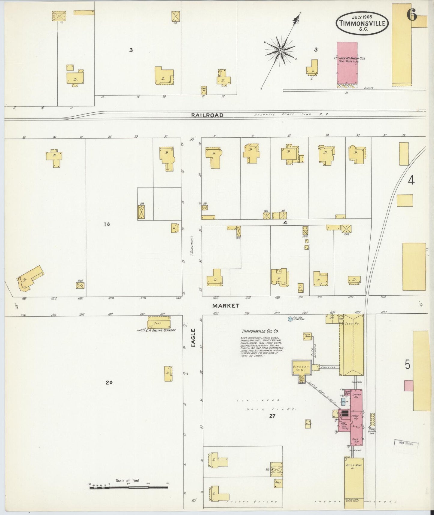 Sanborn Fire Insurance Map from Timmonsville, Florence County, South Carolina (1908), Sheet #0006 - Historic Sanborn Fire Insurance Map Print, vintage old map wall art, antique decor, genealogy gift, South Carolina South Carolina map