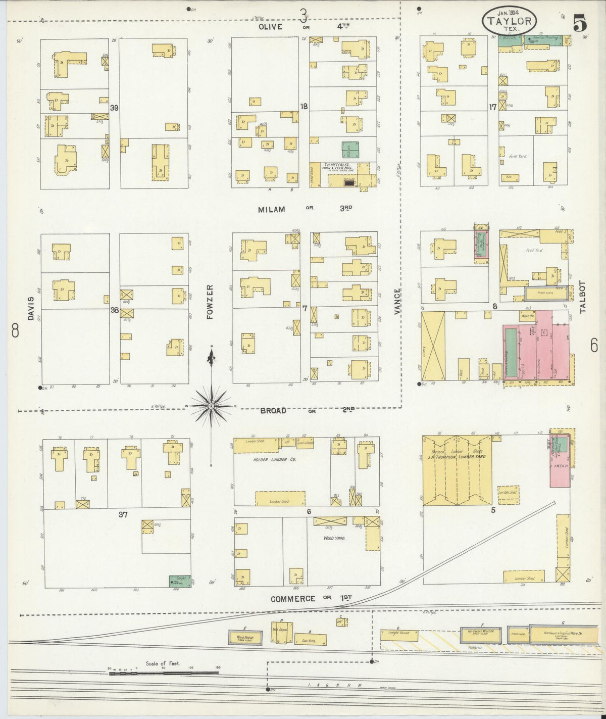 Sanborn Fire Insurance Map from Taylor, Williamson County, Texas (1904), Sheet #0005 - Historic Sanborn Fire Insurance Map Print, vintage old map wall art, antique decor, genealogy gift, Texas Texas map
