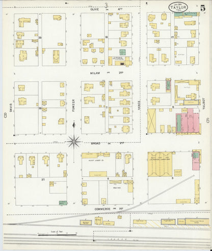 Sanborn Fire Insurance Map from Taylor, Williamson County, Texas (1904), Sheet #0005 - Historic Sanborn Fire Insurance Map Print, vintage old map wall art, antique decor, genealogy gift, Texas Texas map