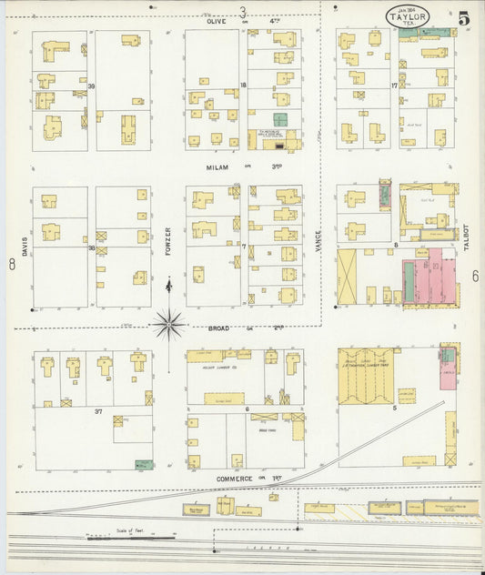 Sanborn Fire Insurance Map from Taylor, Williamson County, Texas (1904), Sheet #0005 - Historic Sanborn Fire Insurance Map Print, vintage old map wall art, antique decor, genealogy gift, Texas Texas map