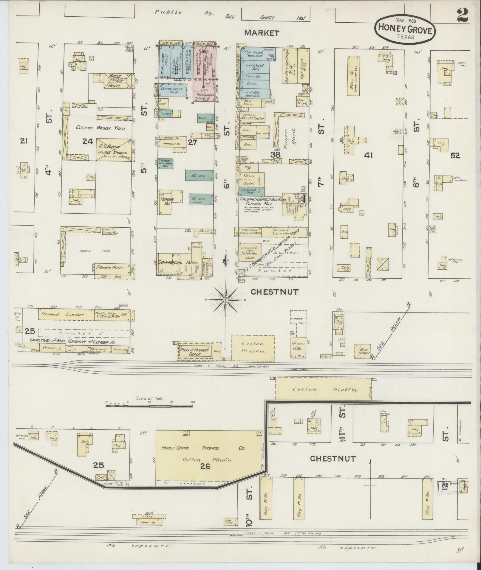 Sanborn Fire Insurance Map from Honey Grove, Fannin County, Texas (1888), Sheet #0002 - Complete Map Set gallery image, historic Sanborn map, vintage wall art, Texas Texas