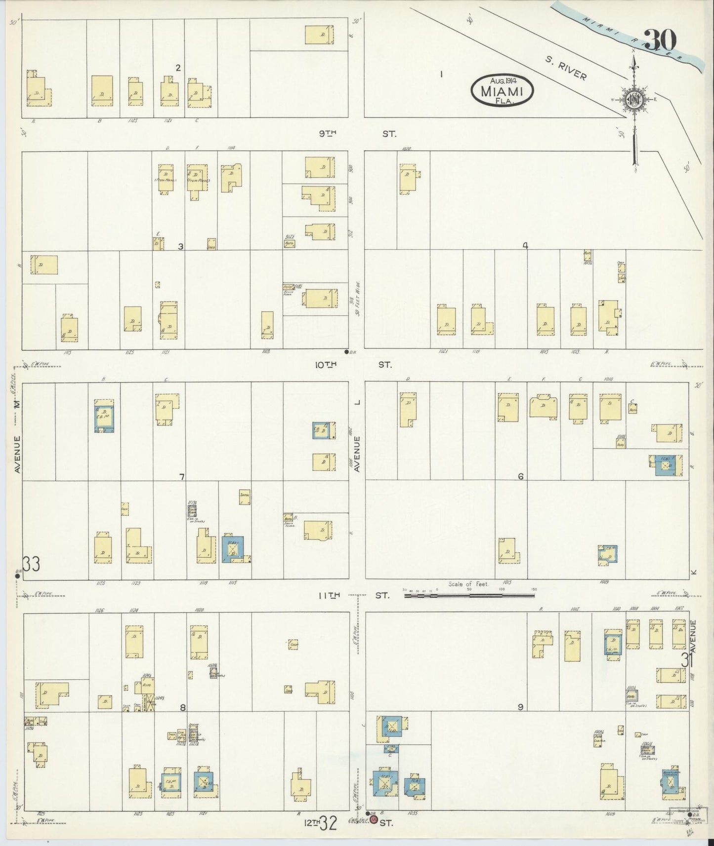Sanborn Fire Insurance Map from Miami, Dade County, Florida (1914), Sheet #0030 - Historic Sanborn Fire Insurance Map Print, vintage old map wall art, antique decor, genealogy gift, Florida Florida map