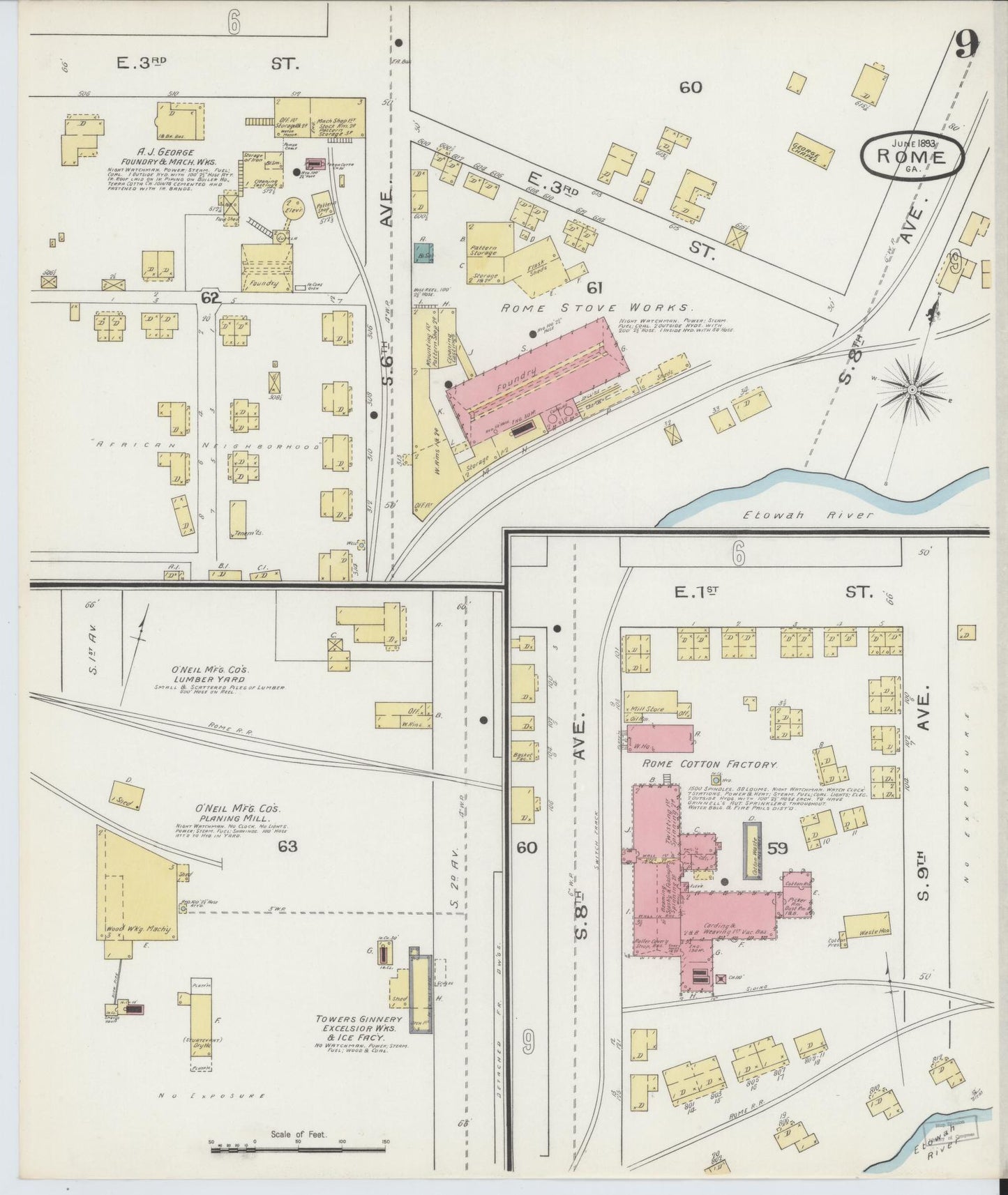 Sanborn Fire Insurance Map from Rome, Floyd County, Georgia (1893), Sheet #0009 - Complete Map Set gallery image, historic Sanborn map, vintage wall art, Georgia Georgia