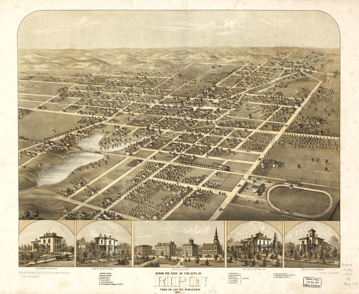 Birds eye view of the city of Ripon, Fond du Lac Co., Wisconsin 1867. (1867) – Historic Bird’s-Eye View Panorama Print