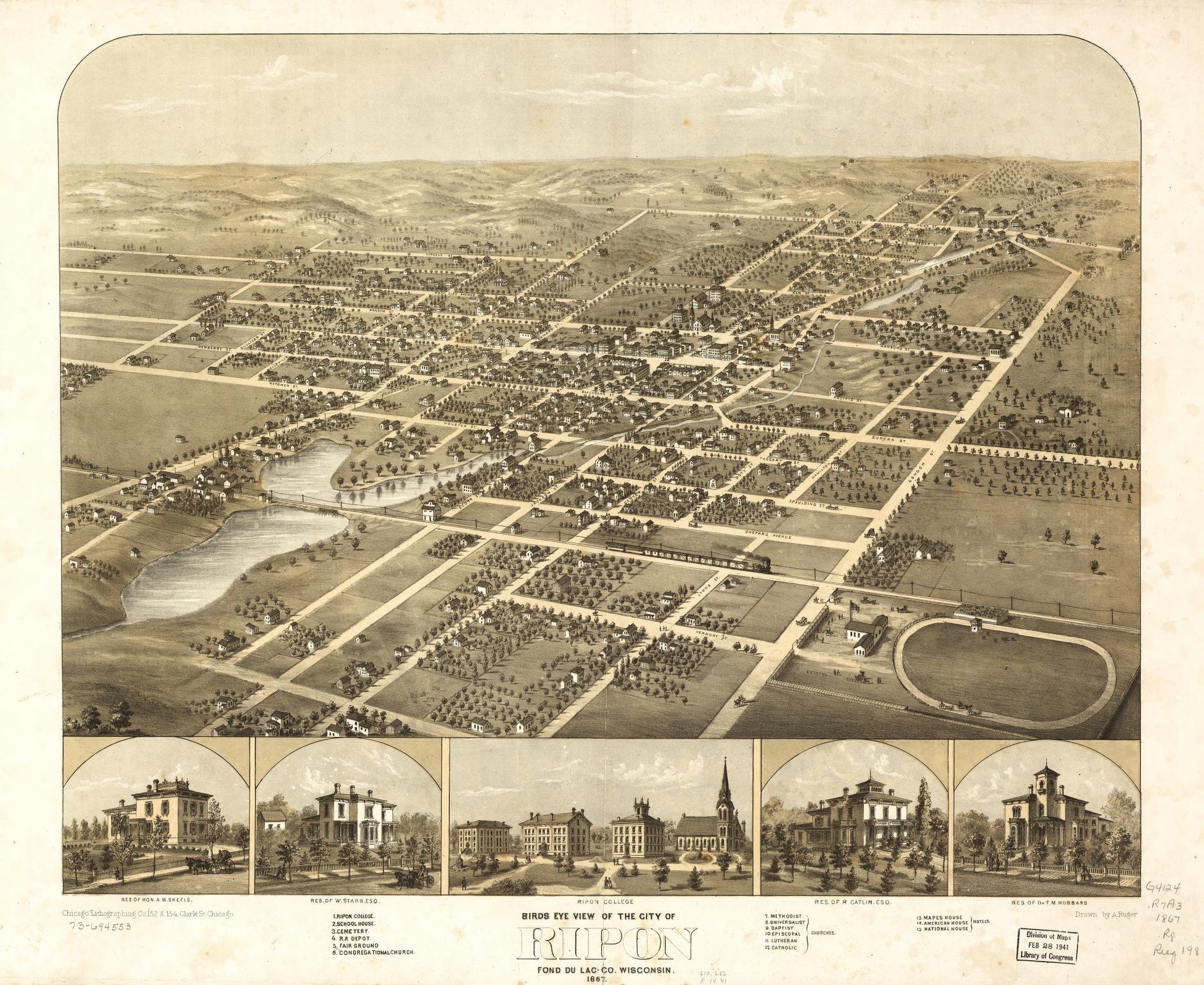 Birds eye view of the city of Ripon, Fond du Lac Co., Wisconsin 1867. (1867) – Historic Bird’s-Eye View Panorama Print