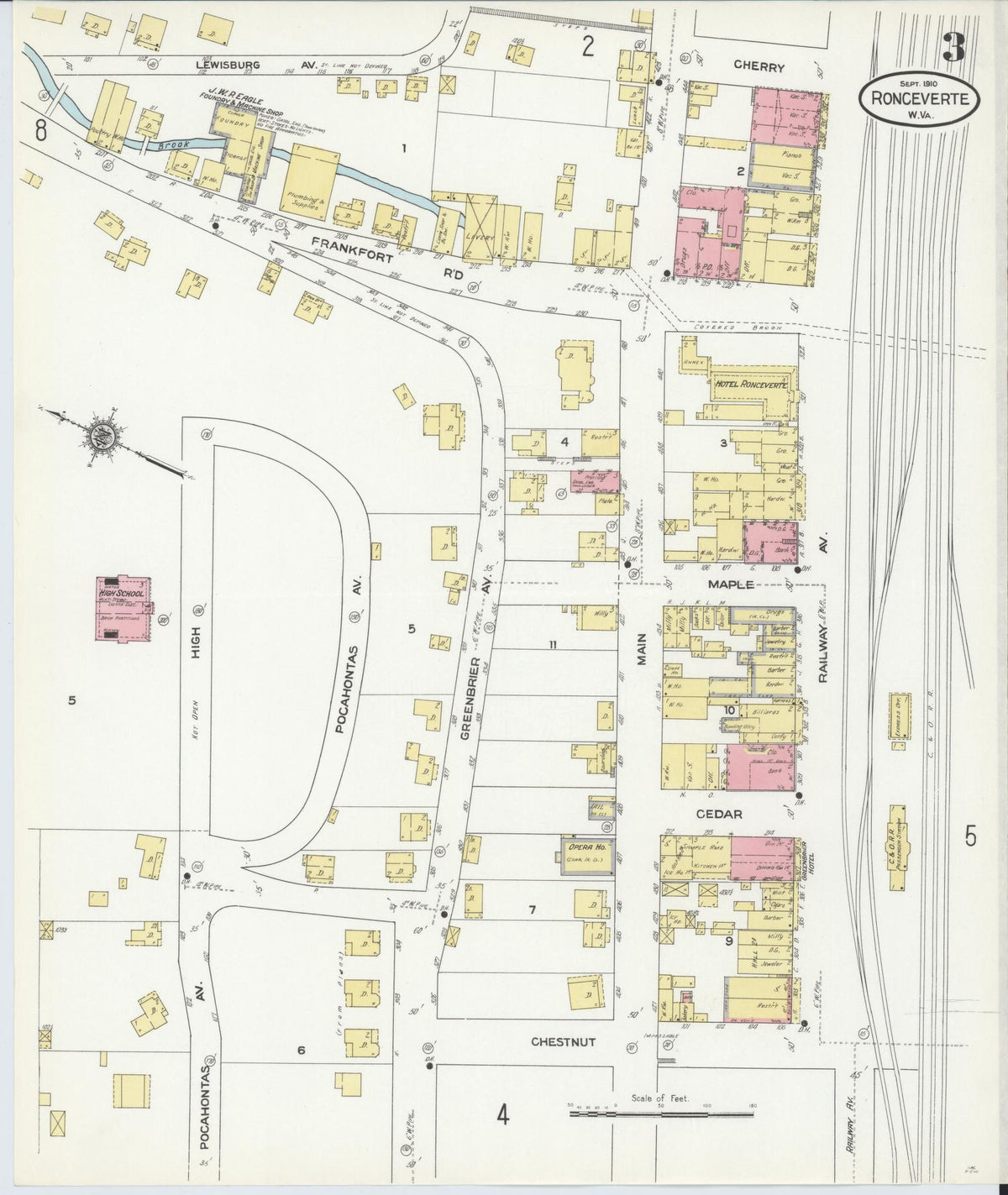 Sanborn Fire Insurance Map from Ronceverte, Greenbrier County, West Virginia (1910), Sheet #0003 - Historic Sanborn Fire Insurance Map Print, vintage old map wall art, antique decor, genealogy gift, West Virginia West Virginia map