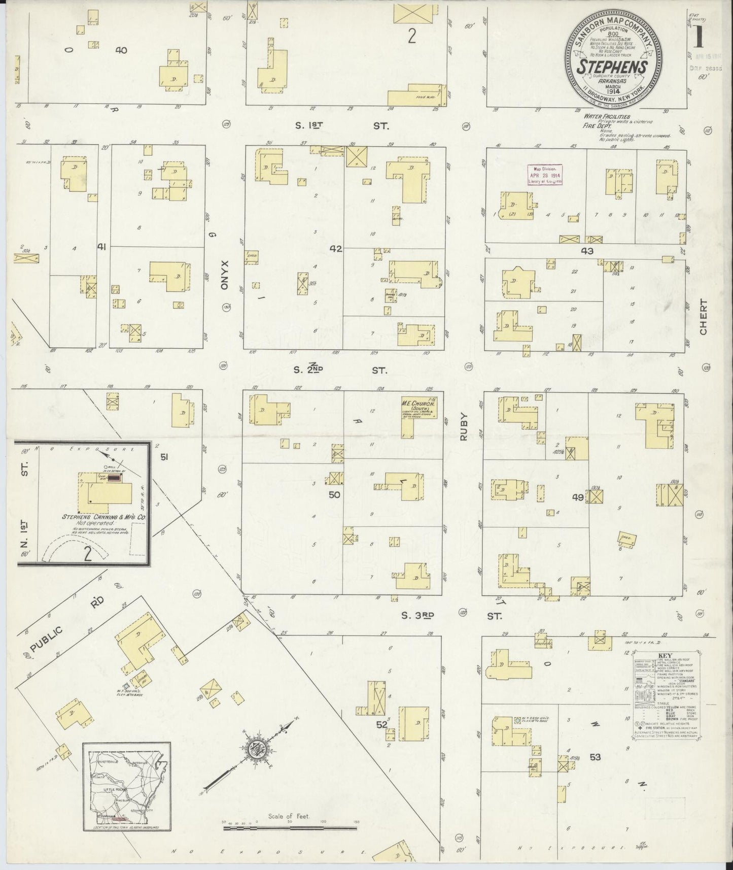 Sanborn Fire Insurance Map from Stephens, Ouachita County, Arkansas (1914), Sheet #0001 - Historic Sanborn Fire Insurance Map Print, vintage old map wall art, antique decor, genealogy gift, Arkansas Arkansas map