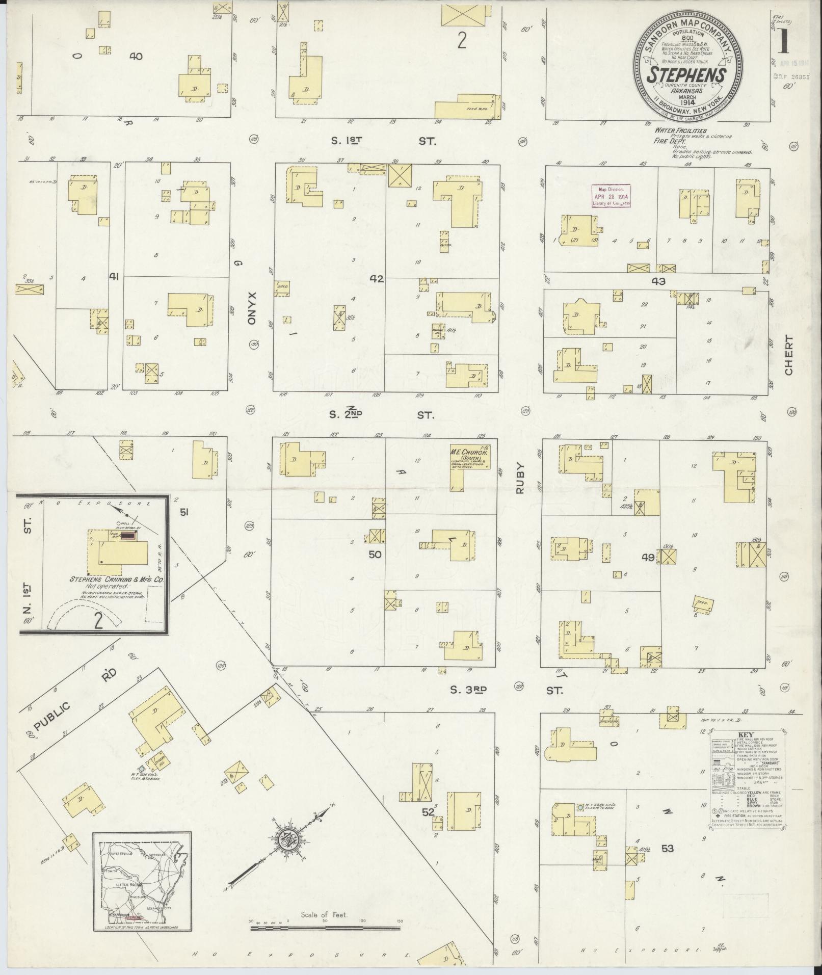 Sanborn Fire Insurance Map from Stephens, Ouachita County, Arkansas (1914), Sheet #0001 - Historic Sanborn Fire Insurance Map Print, vintage old map wall art, antique decor, genealogy gift, Arkansas Arkansas map