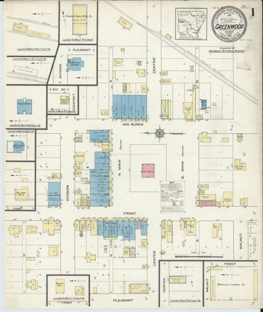 Sanborn Fire Insurance Map from Greenwood, Sebastian County, Arkansas (1913), Sheet #0001 - Complete Map Set gallery image, historic Sanborn map, vintage wall art, Arkansas Arkansas