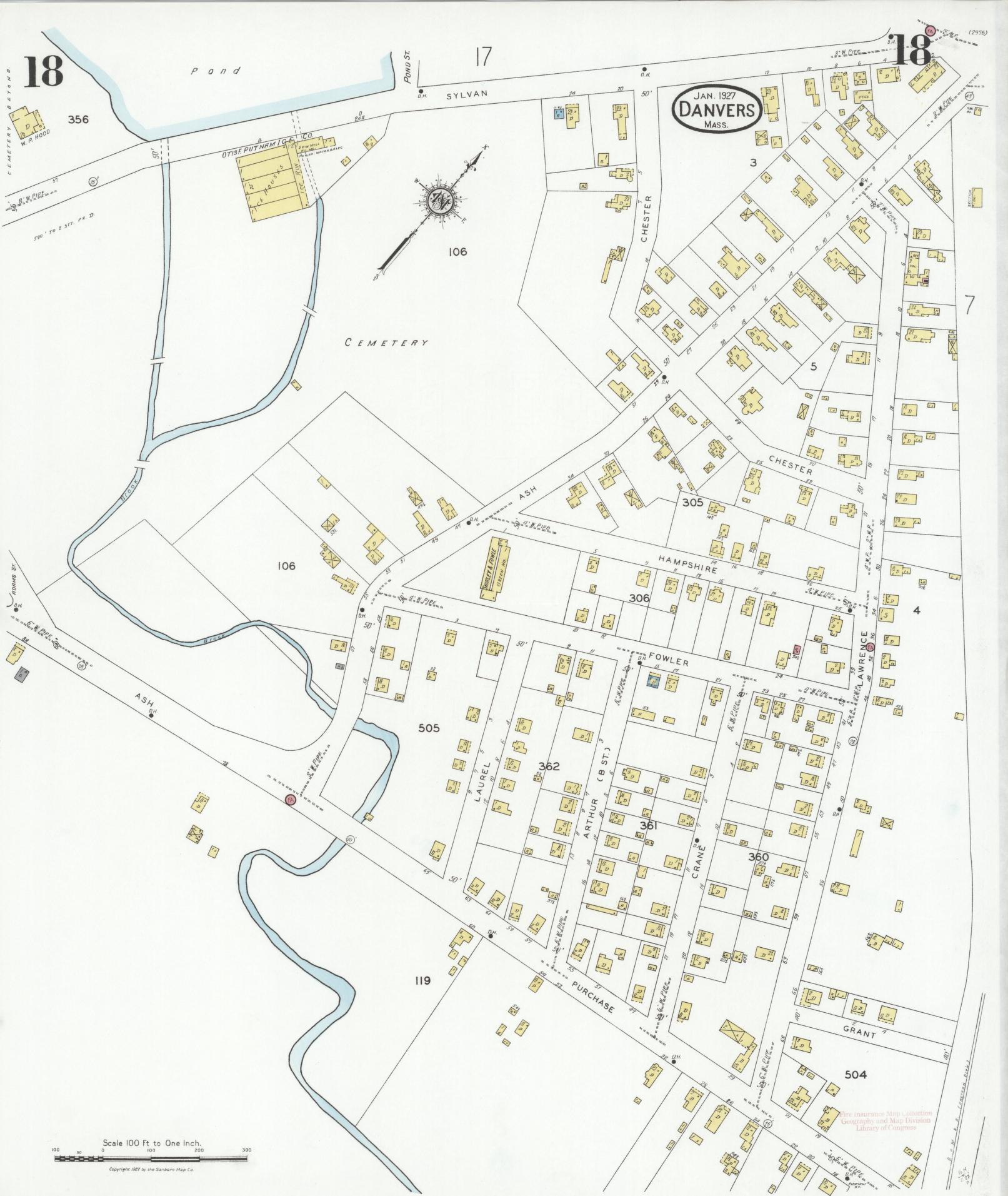 Sanborn Fire Insurance Map from Danvers, Essex County, Massachusetts (1927), Sheet #0018 - Historic Sanborn Fire Insurance Map Print, vintage old map wall art, antique decor, genealogy gift, Massachusetts Massachusetts map