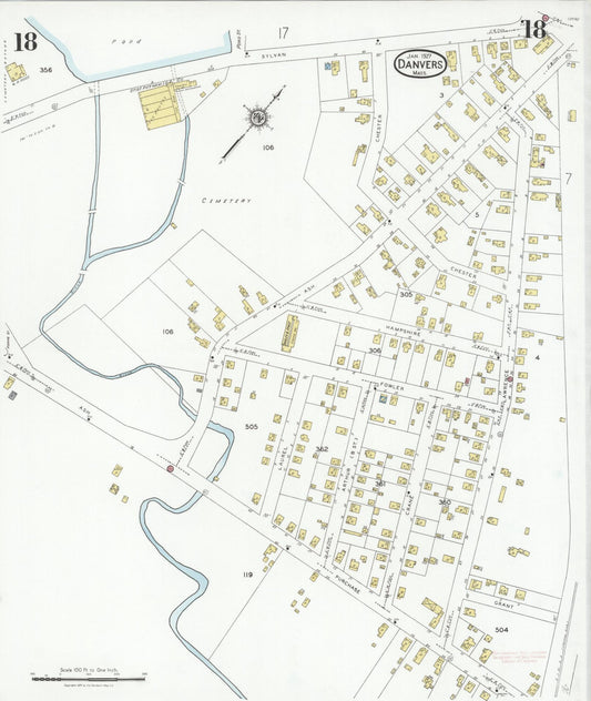 Sanborn Fire Insurance Map from Danvers, Essex County, Massachusetts (1927), Sheet #0018 - Historic Sanborn Fire Insurance Map Print, vintage old map wall art, antique decor, genealogy gift, Massachusetts Massachusetts map